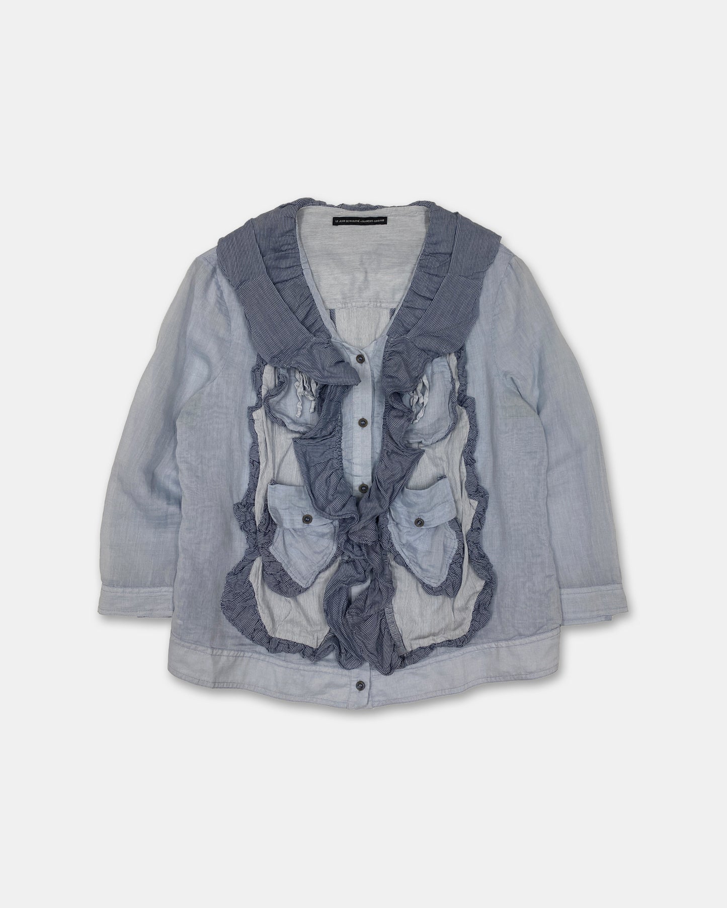 Marithé + François Girbaud 2010s Multi Pocket Ruffle Silk Top Blouse Light Blue