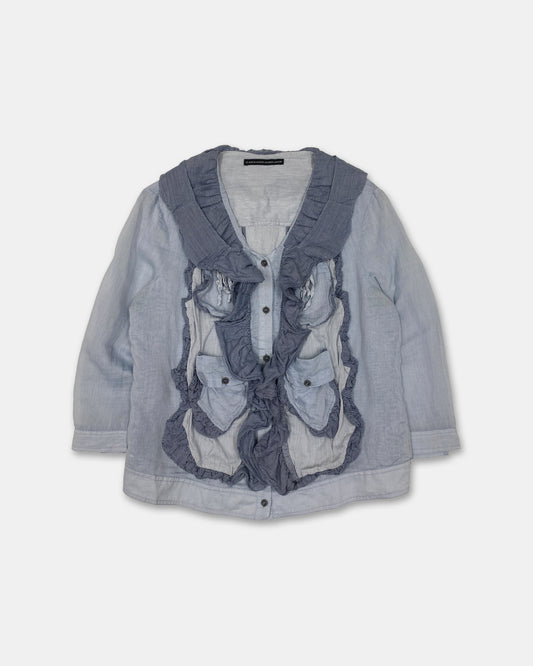 Marithé + François Girbaud 2010s Multi Pocket Ruffle Silk Top Blouse Light Blue