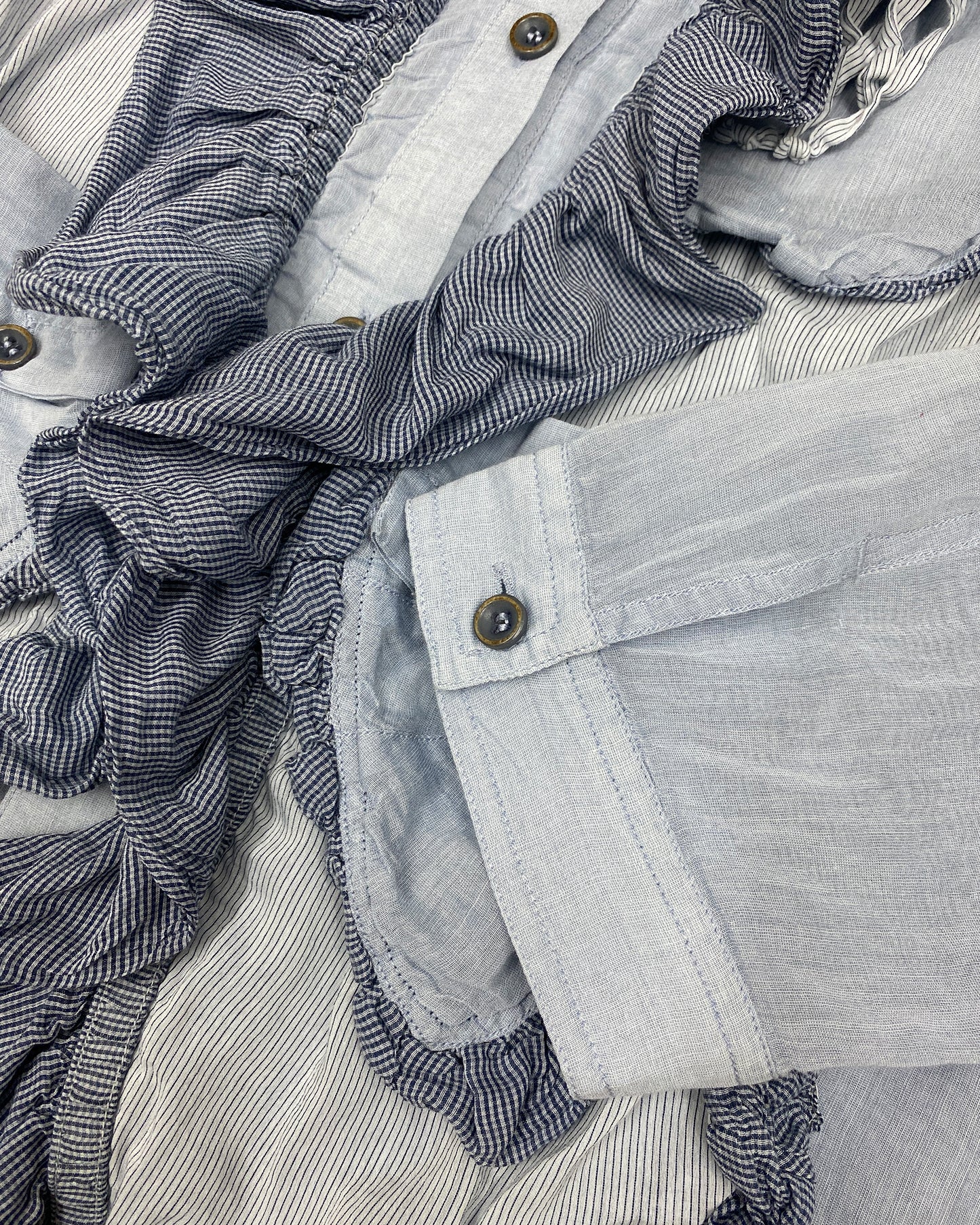 Marithé + François Girbaud 2010s Multi Pocket Ruffle Silk Top Blouse Light Blue