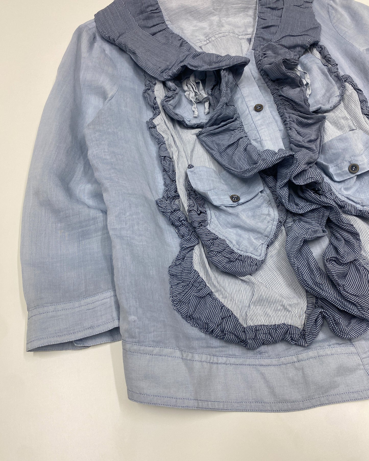 Marithé + François Girbaud 2010s Multi Pocket Ruffle Silk Top Blouse Light Blue
