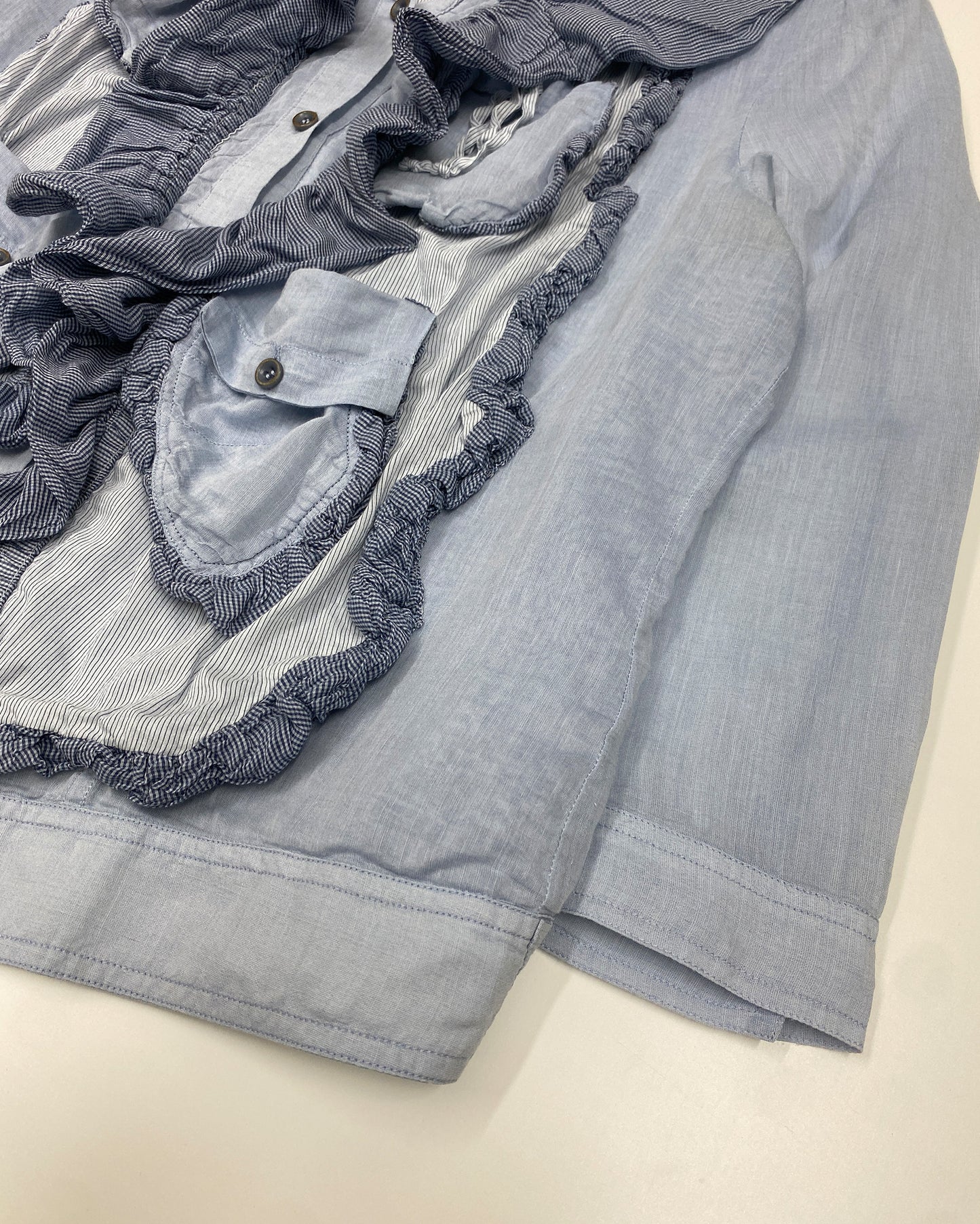 Marithé + François Girbaud 2010s Multi Pocket Ruffle Silk Top Blouse Light Blue