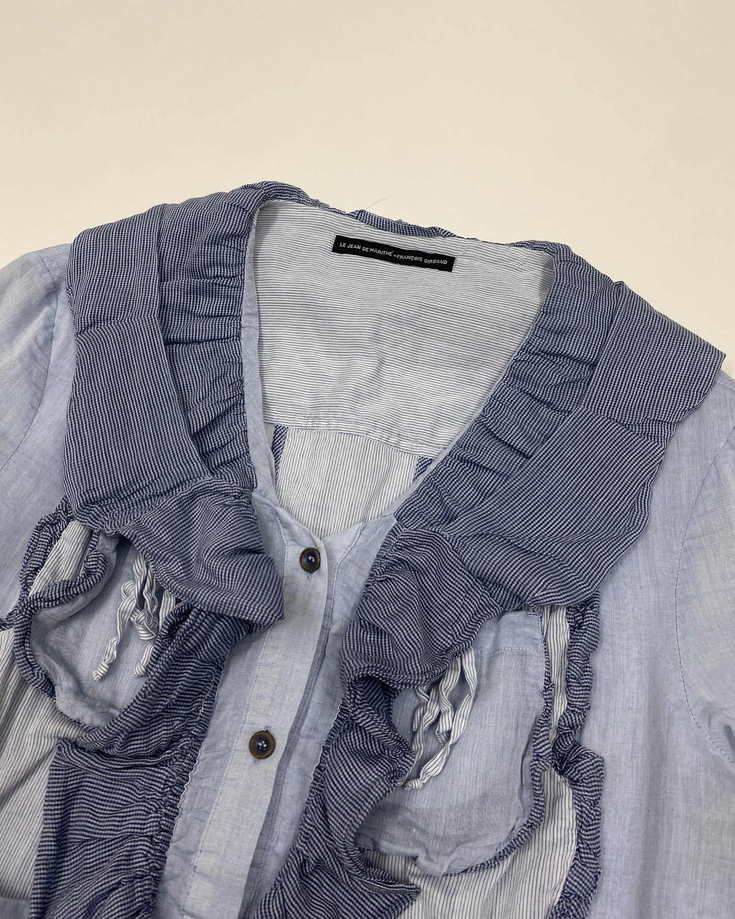 Marithé + François Girbaud 2010s Multi Pocket Ruffle Silk Top Blouse Light Blue