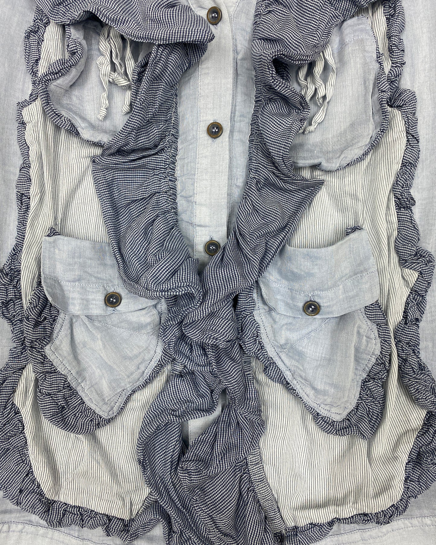 Marithé + François Girbaud 2010s Multi Pocket Ruffle Silk Top Blouse Light Blue