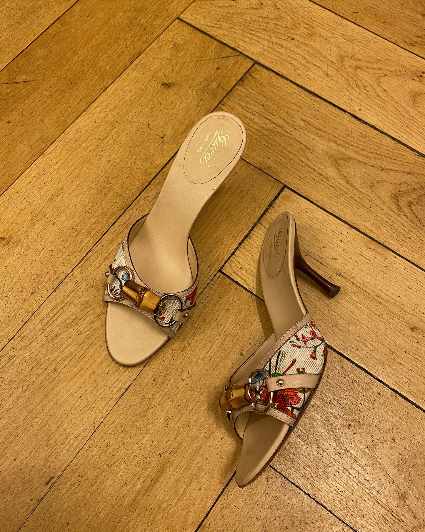 Gucci 2000s Bamboo Horsebit Floral Heels Multicolor
