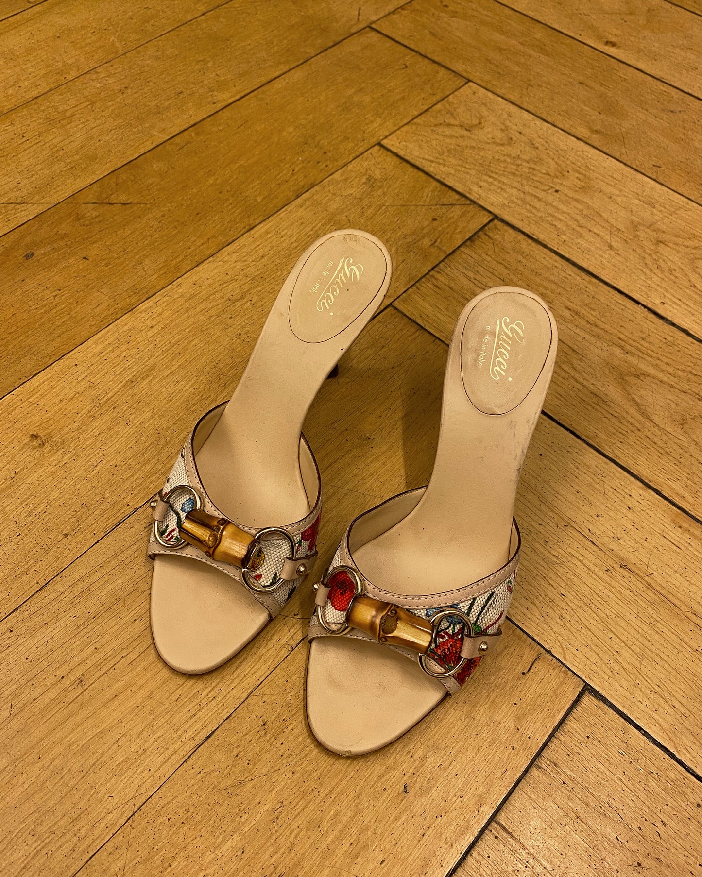 Gucci 2000s Bamboo Horsebit Floral Heels Multicolor