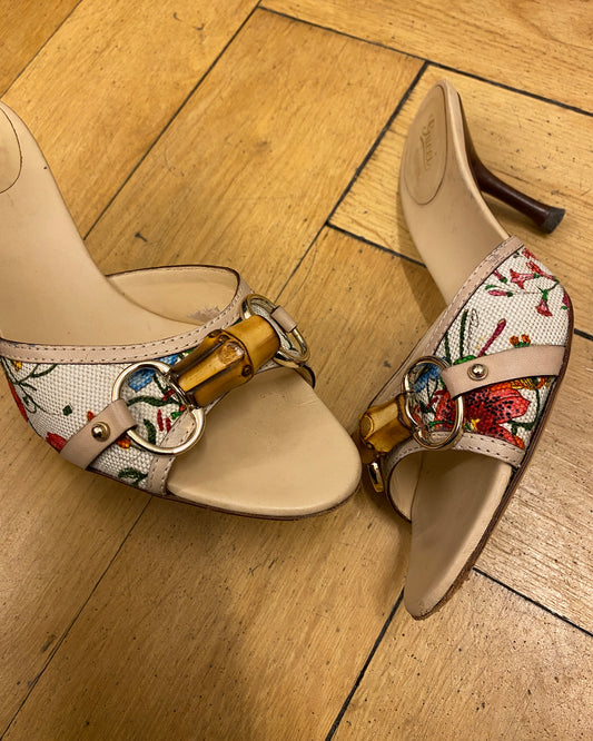 Gucci 2000s Bamboo Horsebit Floral Heels Multicolor
