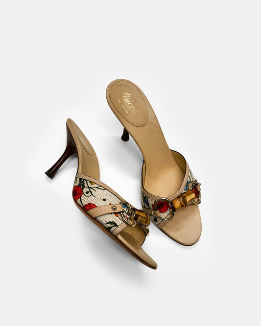 Gucci 2000s Bamboo Horsebit Floral Heels Multicolor