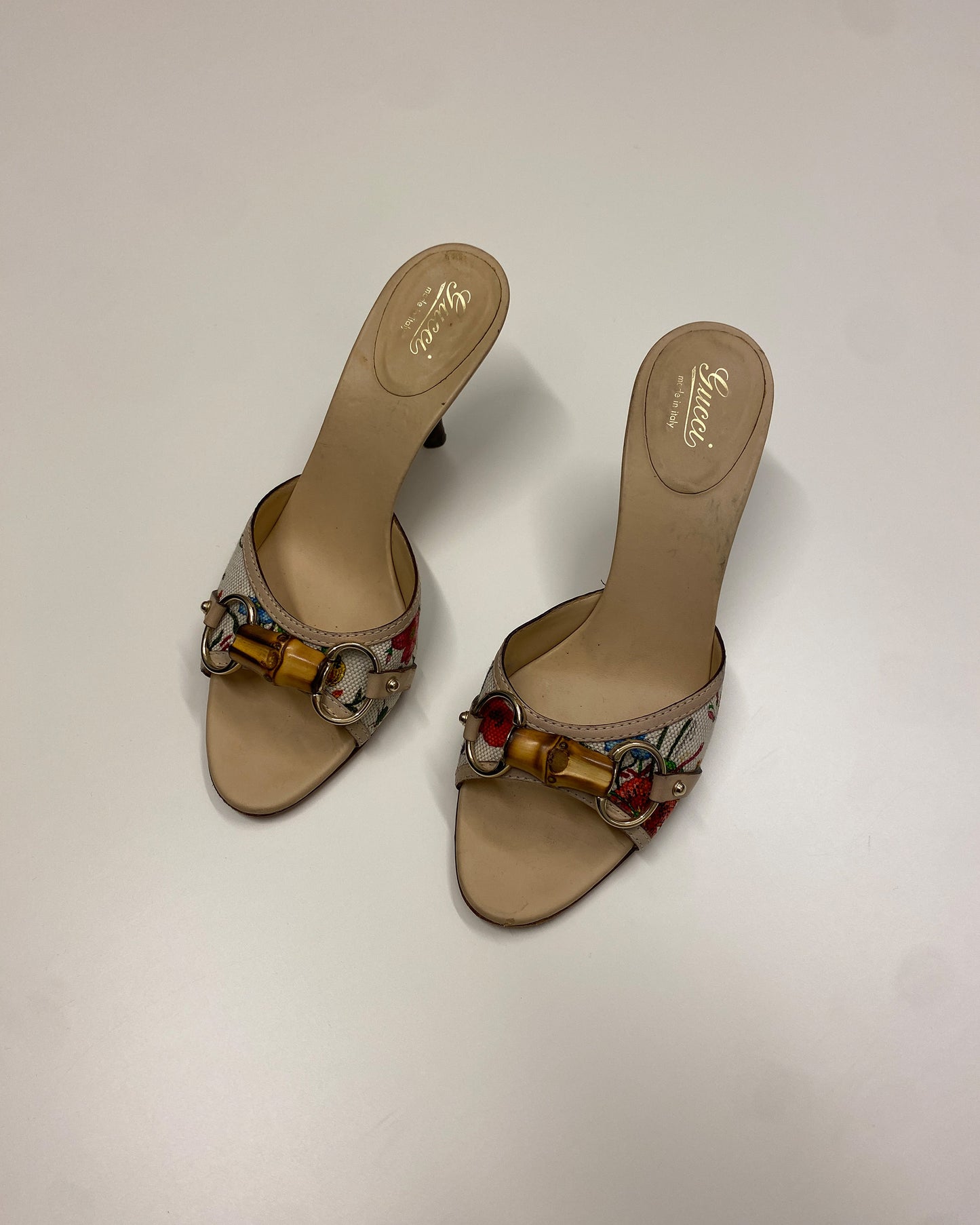 Gucci 2000s Bamboo Horsebit Floral Heels Multicolor