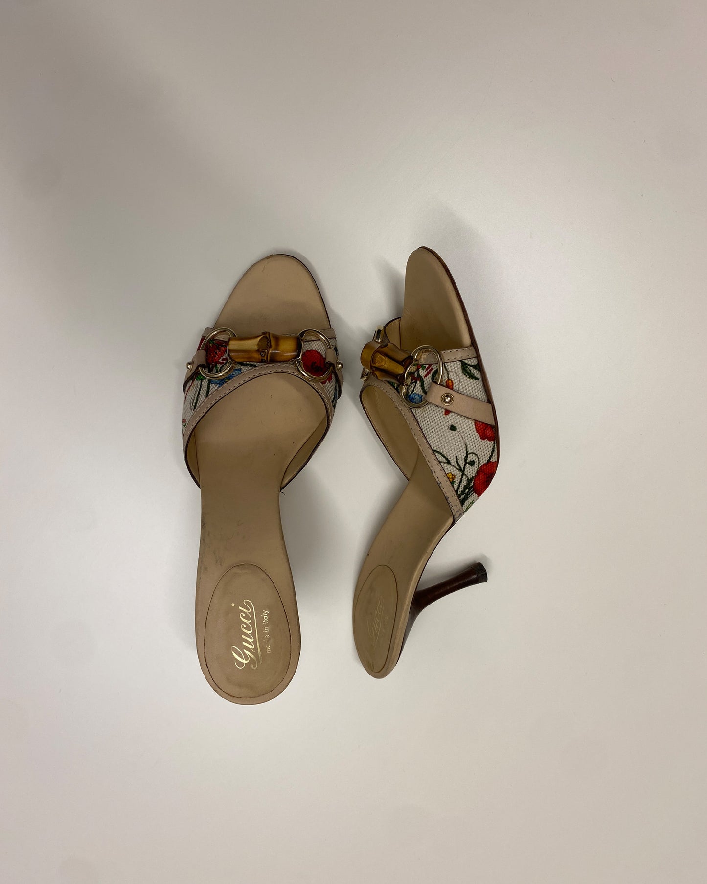 Gucci 2000s Bamboo Horsebit Floral Heels Multicolor