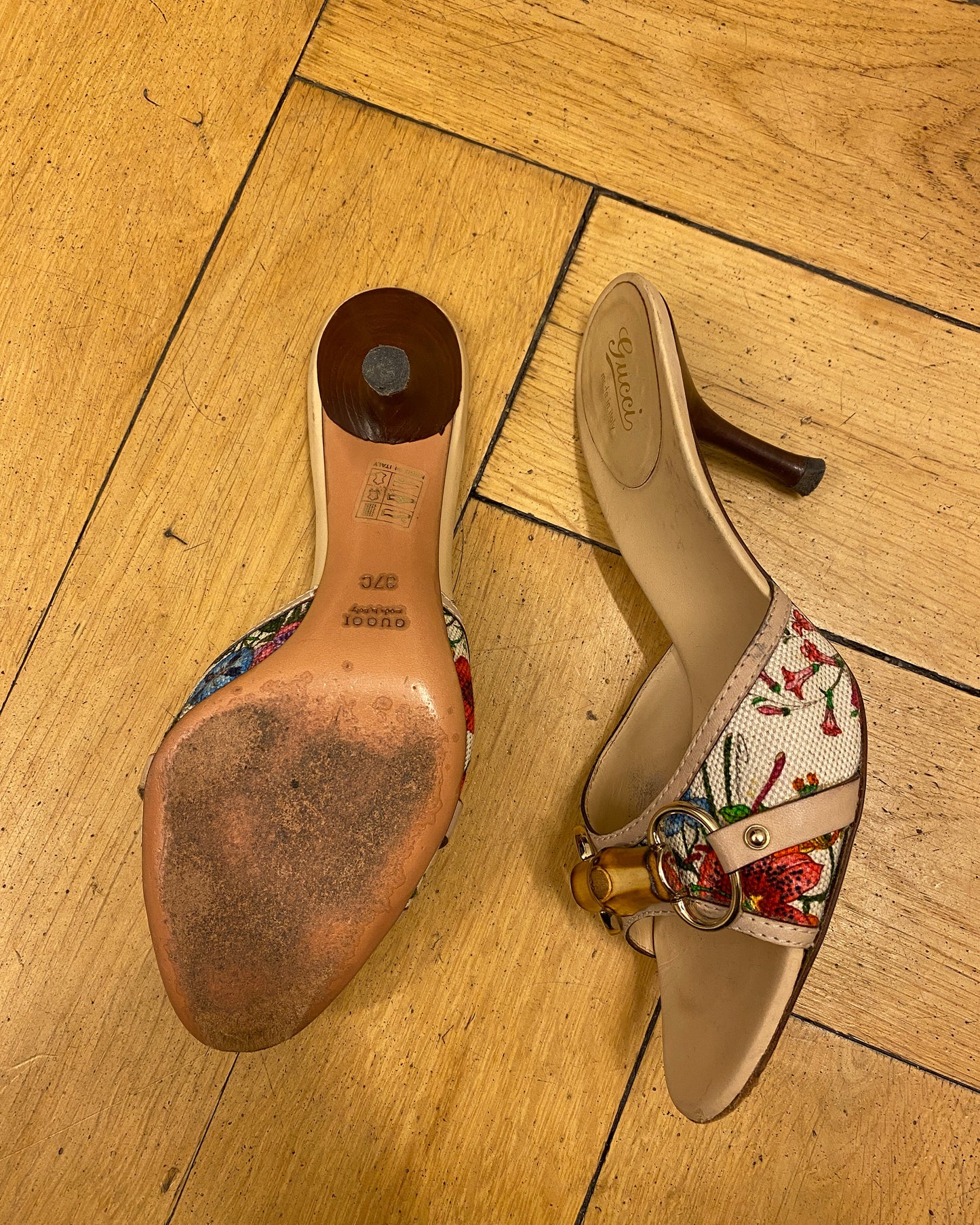 Gucci 2000s Bamboo Horsebit Floral Heels Multicolor