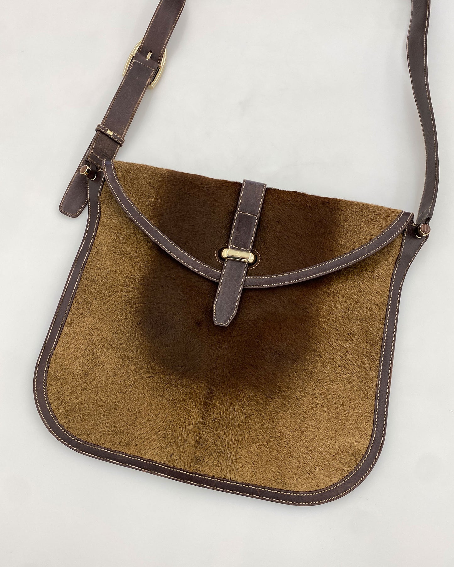 Gucci 2000s Pony Hair Leather Shoulder Messenger Bag Brown