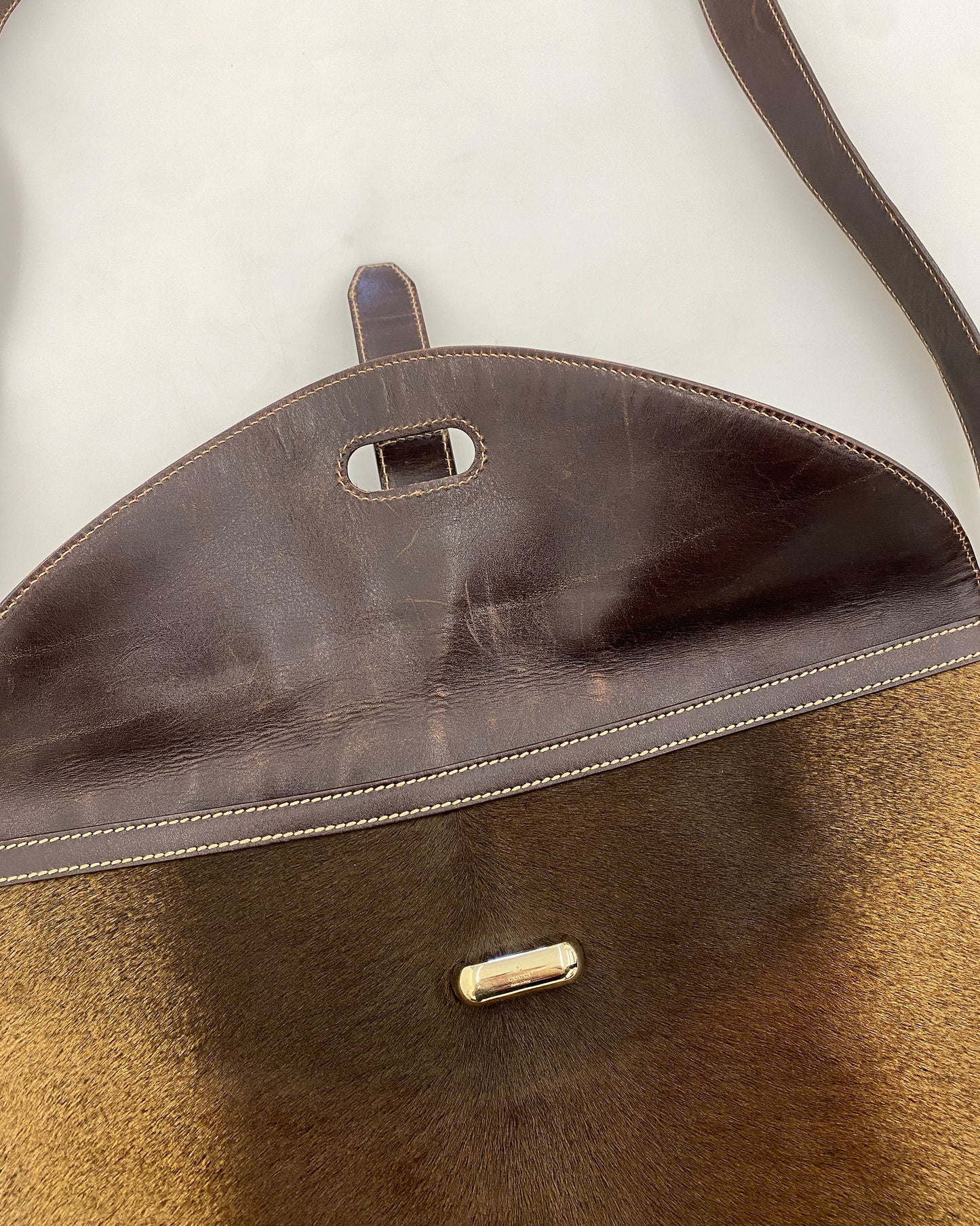 Gucci 2000s Pony Hair Leather Shoulder Messenger Bag Brown