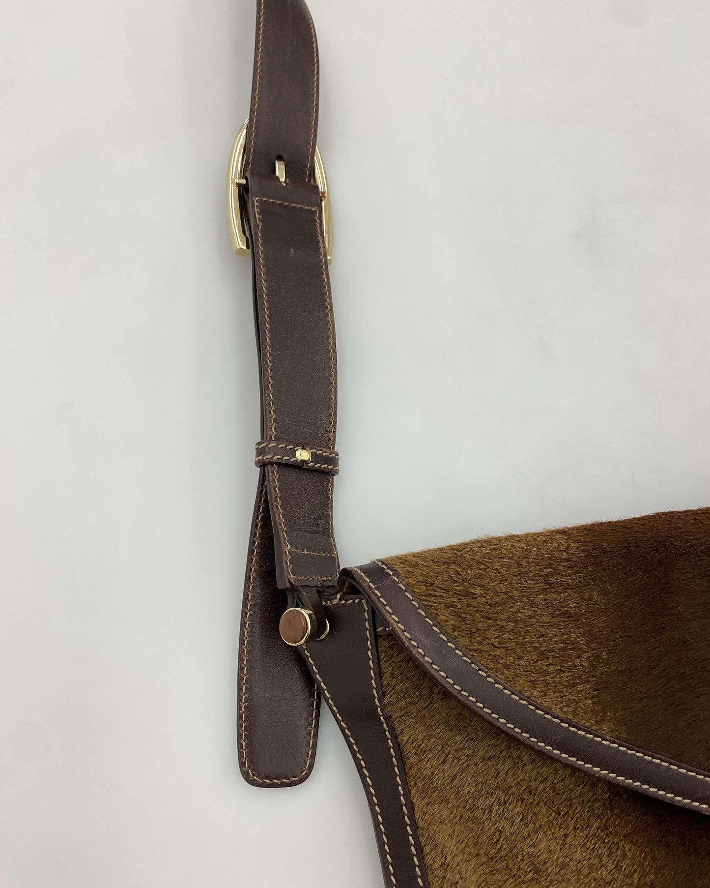 Gucci 2000s Pony Hair Leather Shoulder Messenger Bag Brown