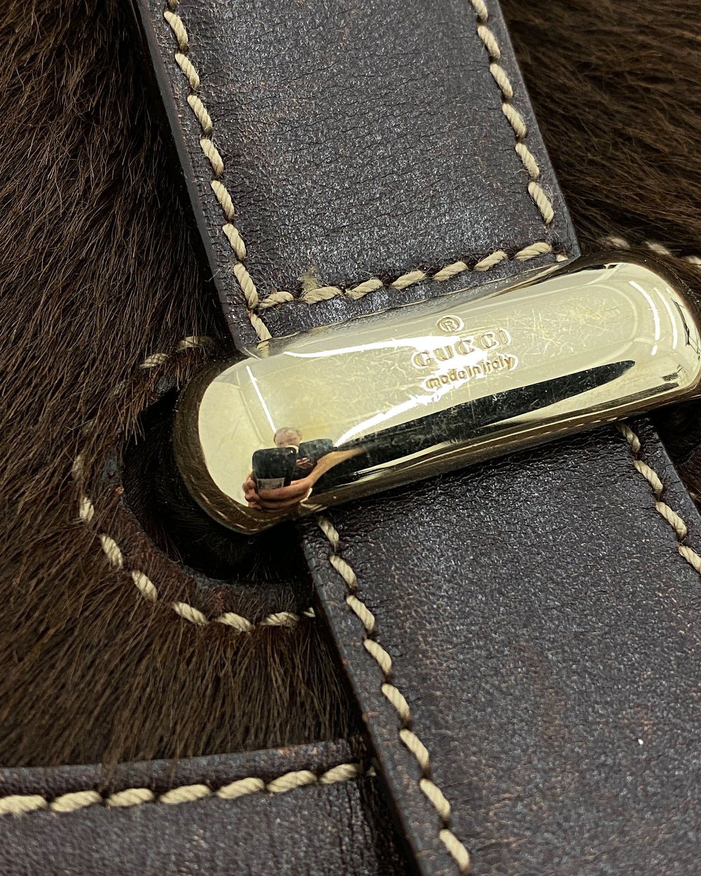 Gucci 2000s Pony Hair Leather Shoulder Messenger Bag Brown