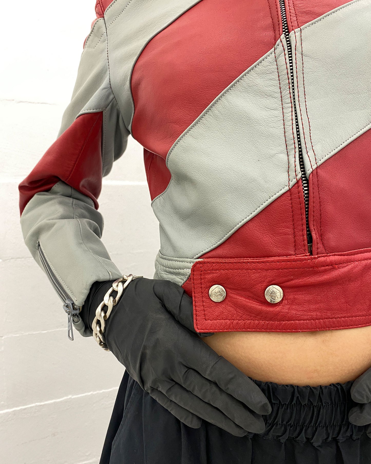 Harro 1980s Diagonal Striped Leatherjacket Red Grey