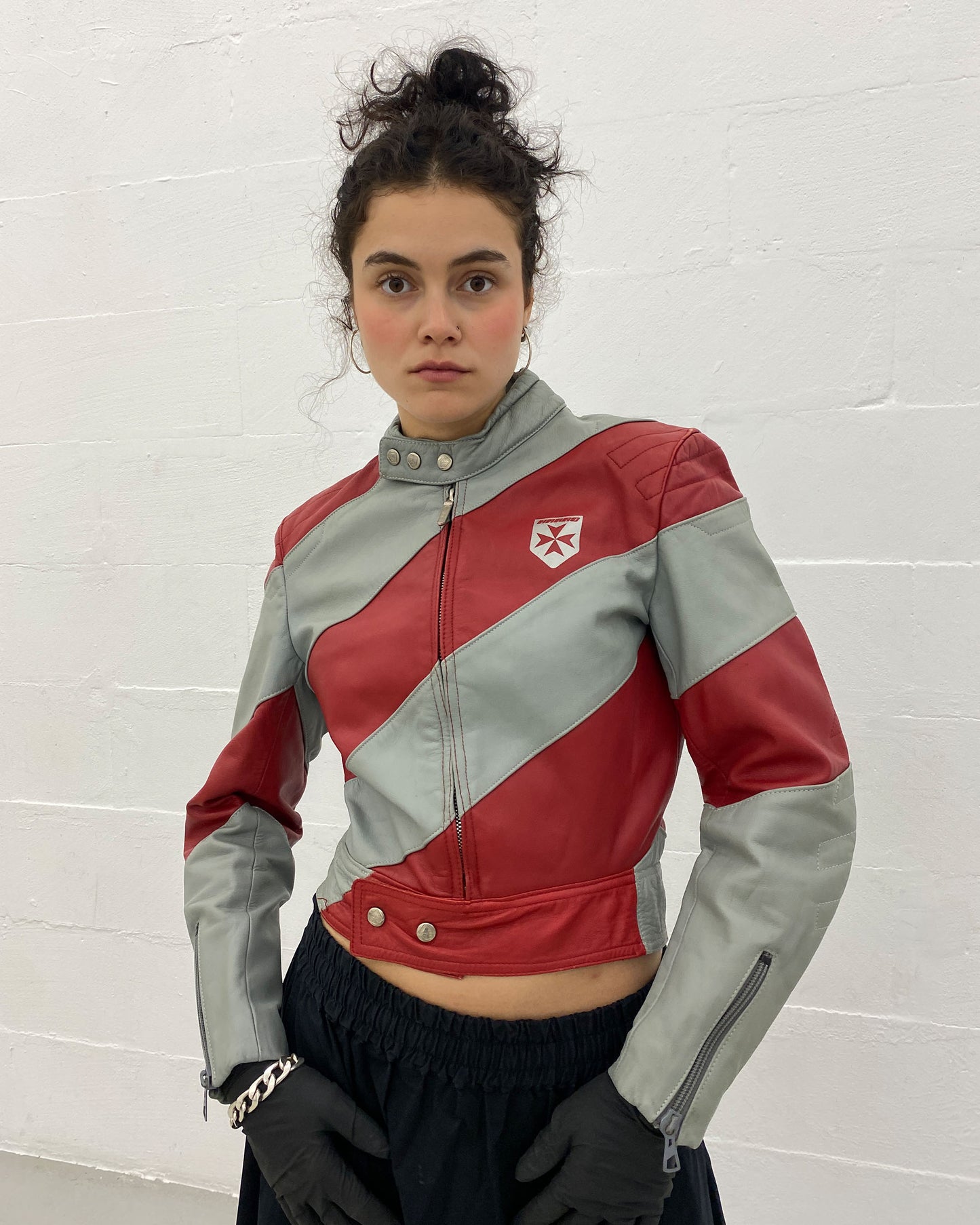 Harro 1980s Diagonal Striped Leatherjacket Red Grey