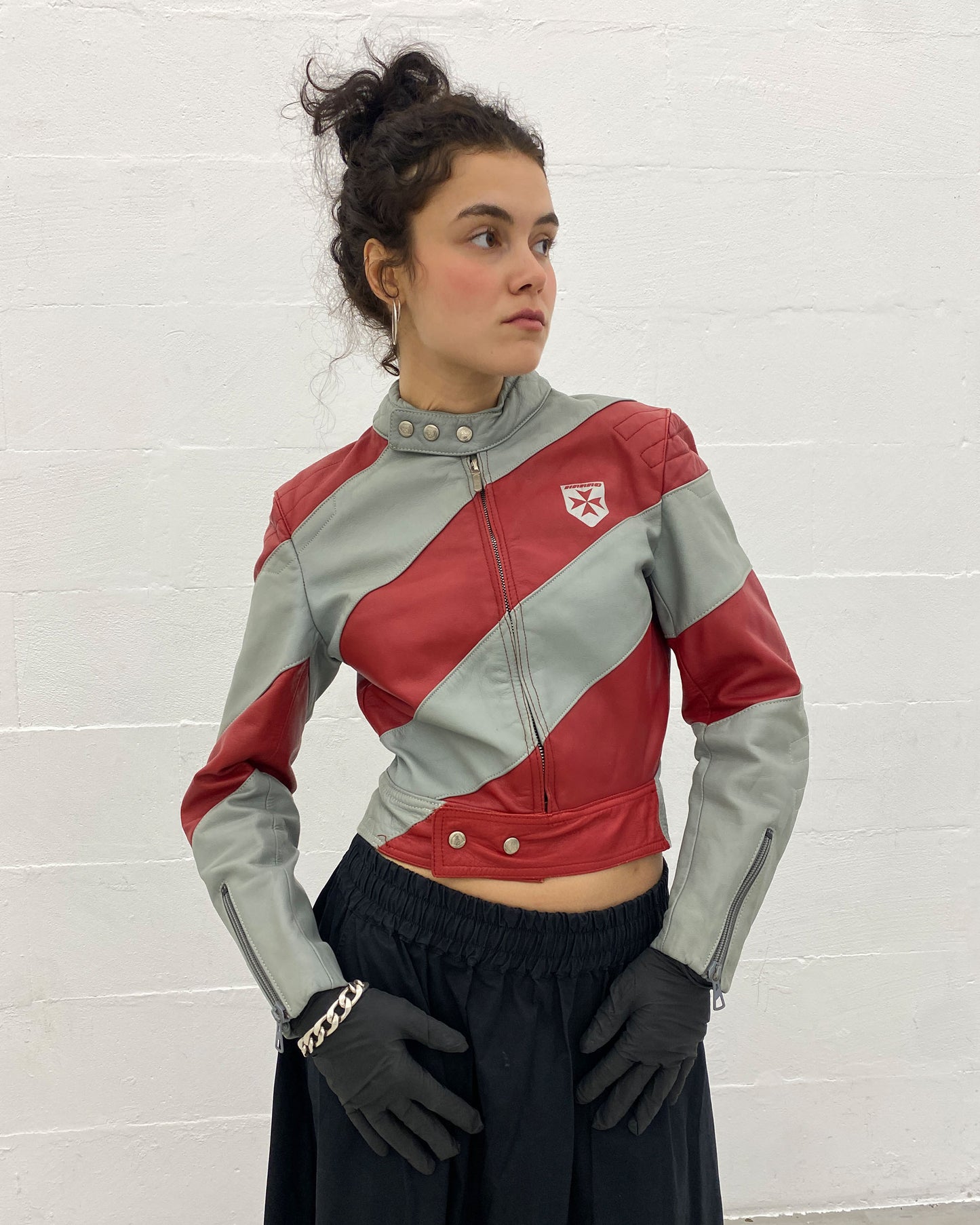 Harro 1980s Diagonal Striped Leatherjacket Red Grey