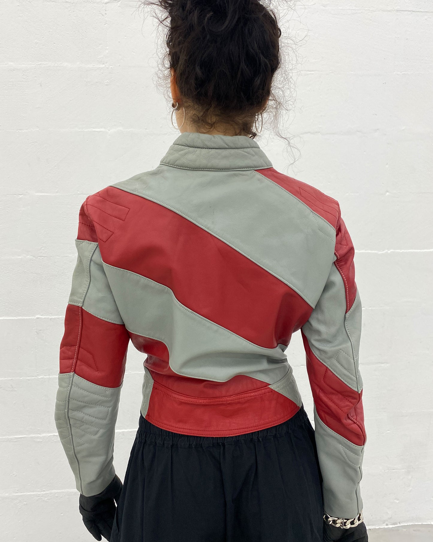 Harro 1980s Diagonal Striped Leatherjacket Red Grey