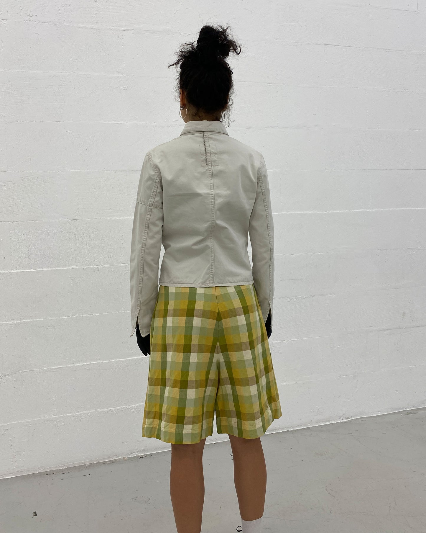Thomas Burberry 2000s Checkered Linen Shorts Yellow