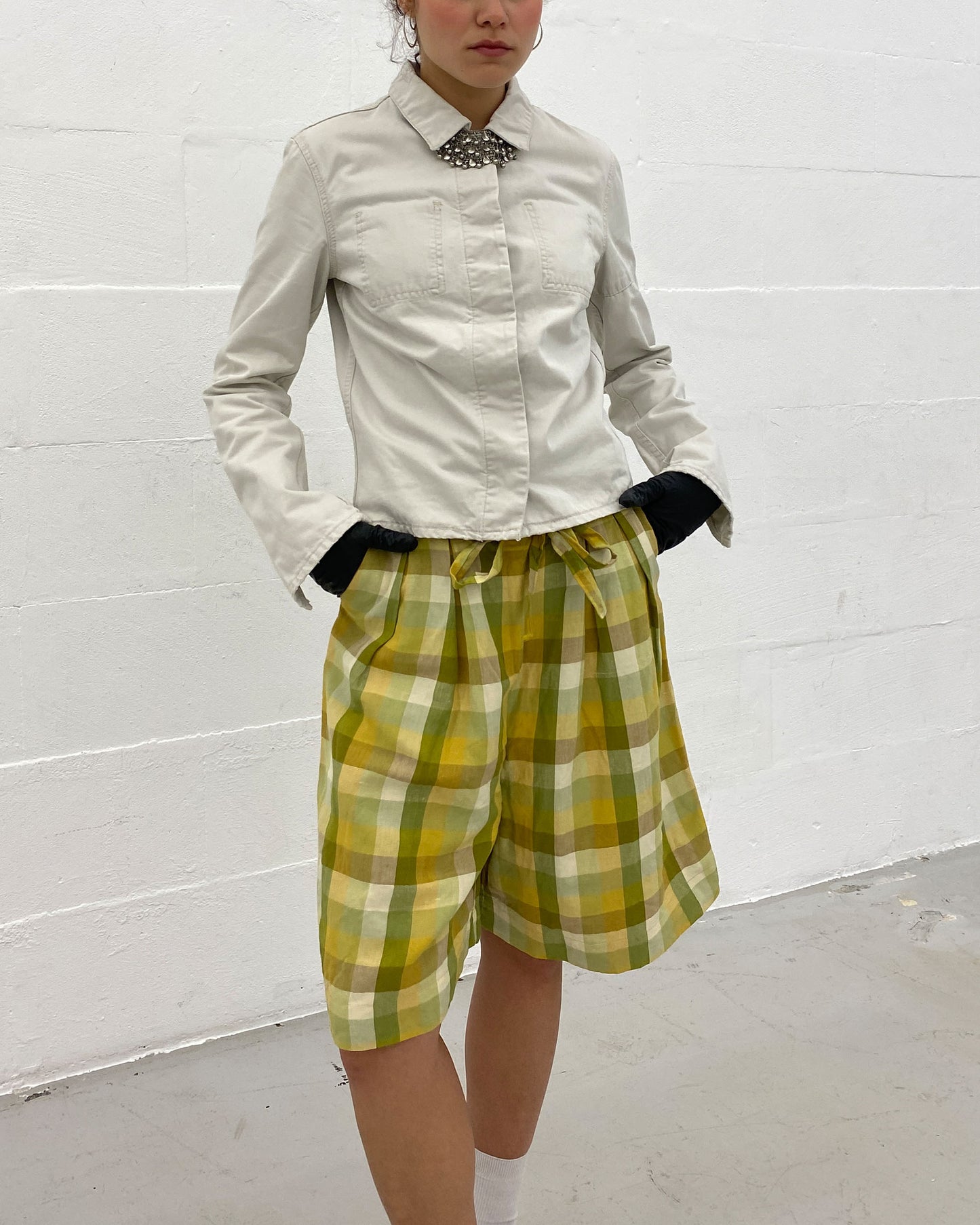 Thomas Burberry 2000s Checkered Linen Shorts Yellow