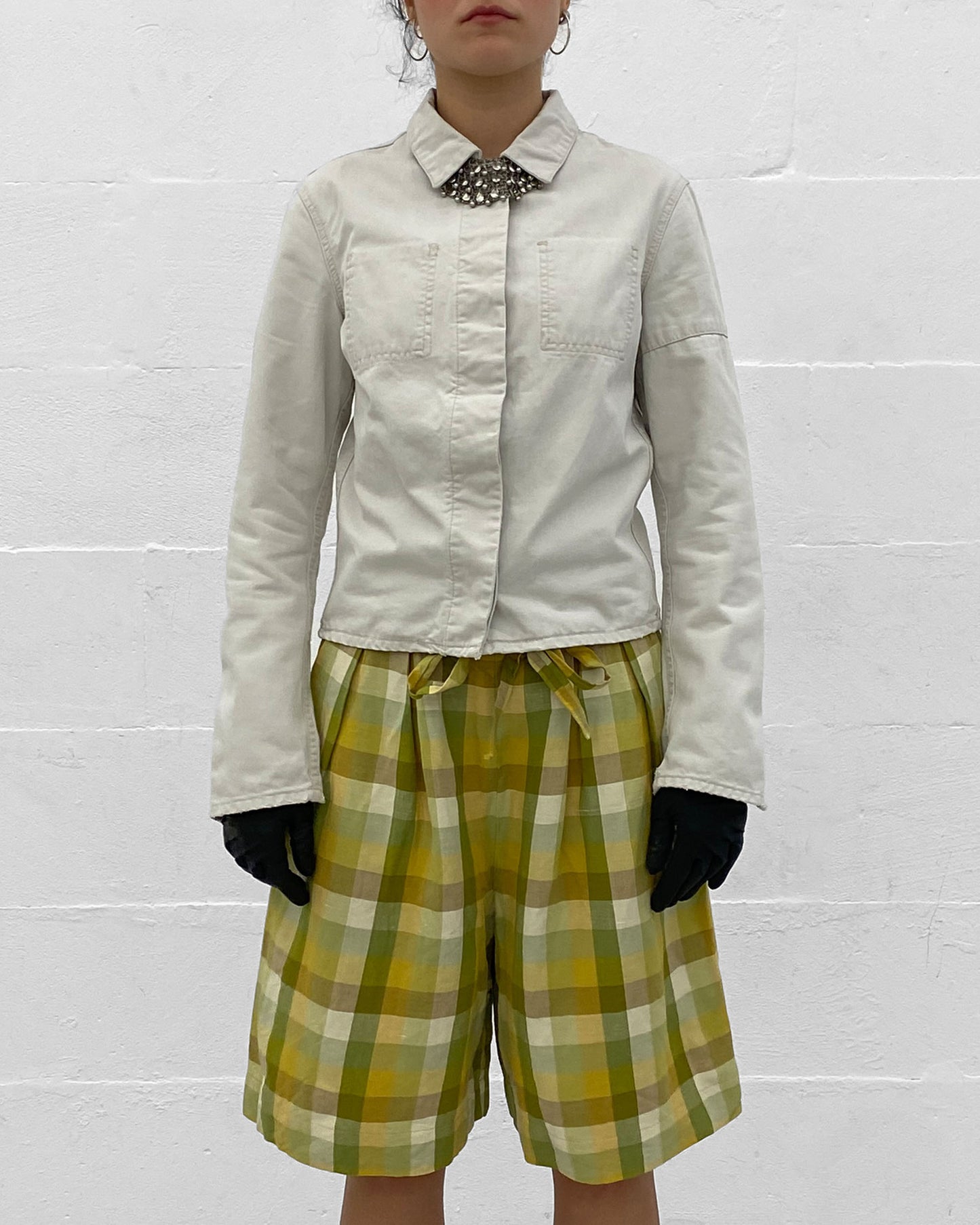 Thomas Burberry 2000s Checkered Linen Shorts Yellow