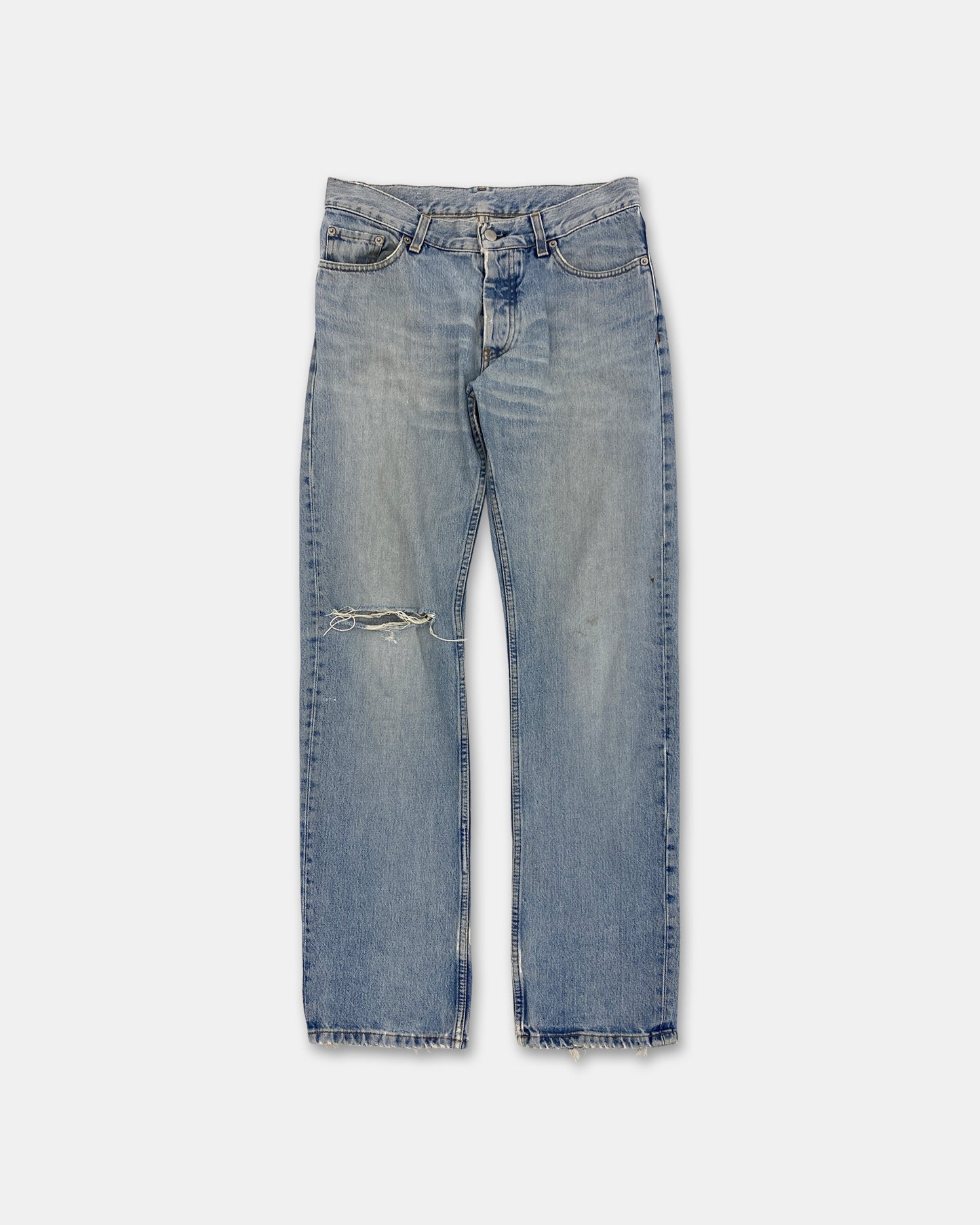 Helmut Lang 2000s Knee Blowout Boot Cut Vintage Sanded Denim Light Blue