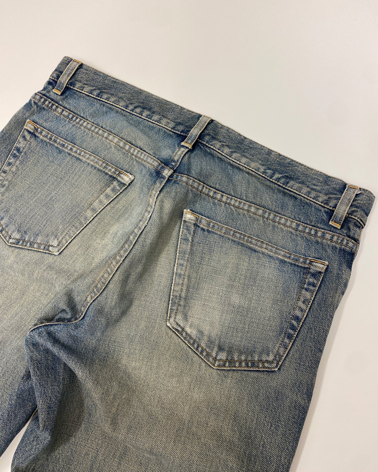 Helmut Lang 1990s Boot Cut Vintage Stained Denim Dirty Blue