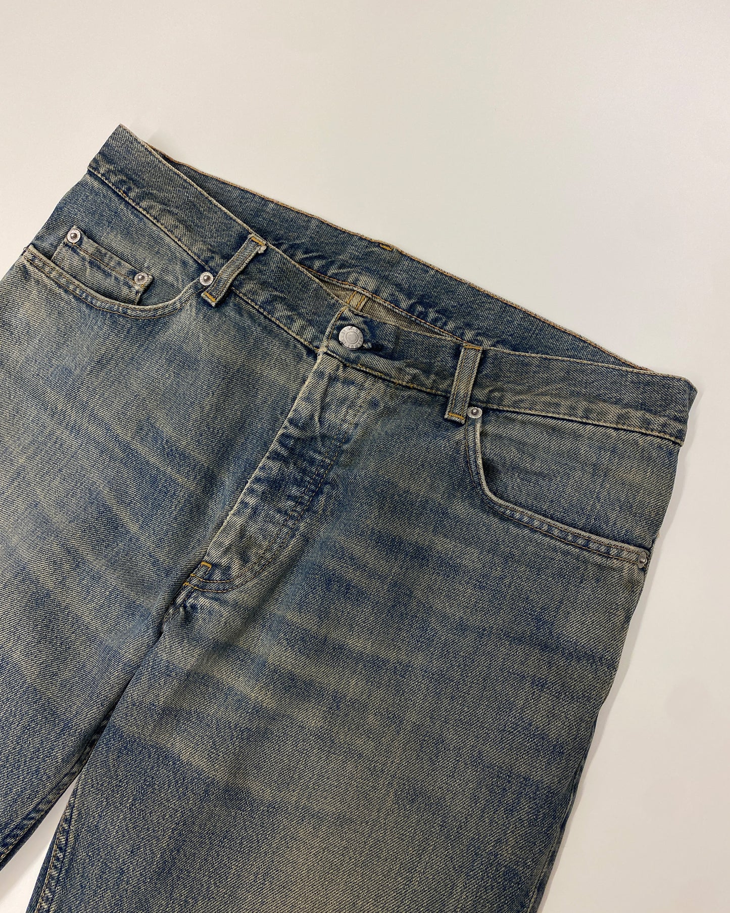 Helmut Lang 1990s Boot Cut Vintage Stained Denim Dirty Blue