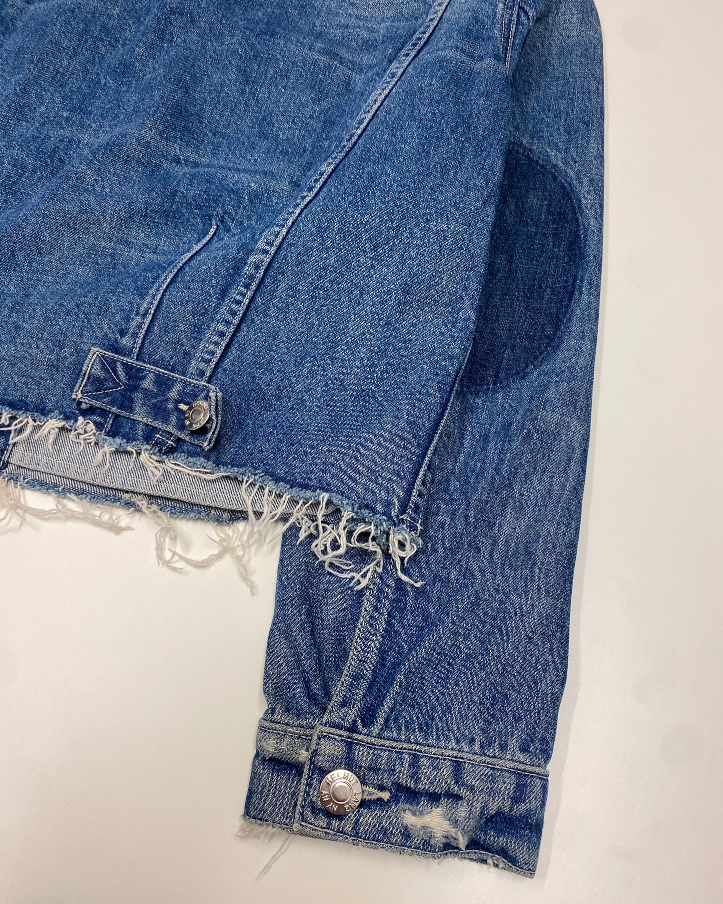 Helmut Lang 2010s Reconstructed Open Hem Distressed Denim Jacket Blue