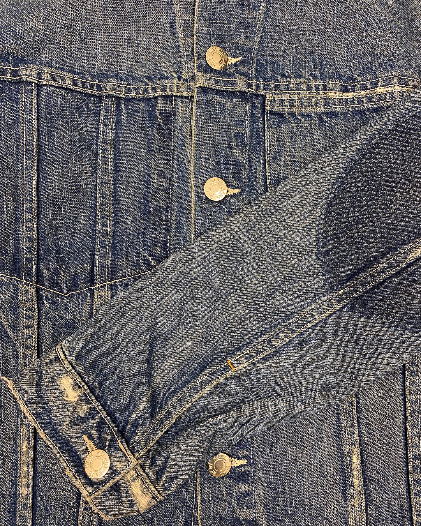 Helmut Lang 2010s Reconstructed Open Hem Distressed Denim Jacket Blue