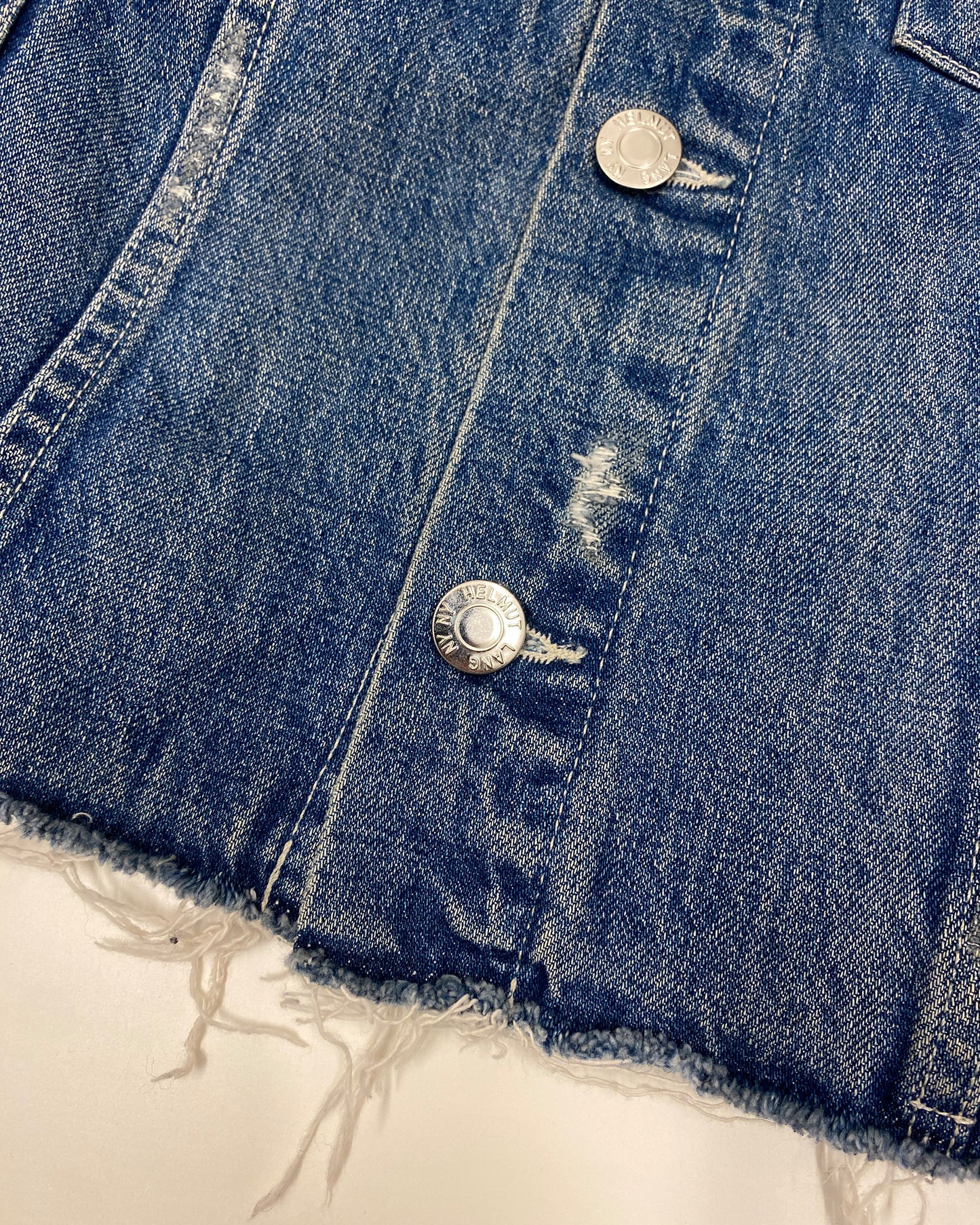 Helmut Lang 2010s Reconstructed Open Hem Distressed Denim Jacket Blue