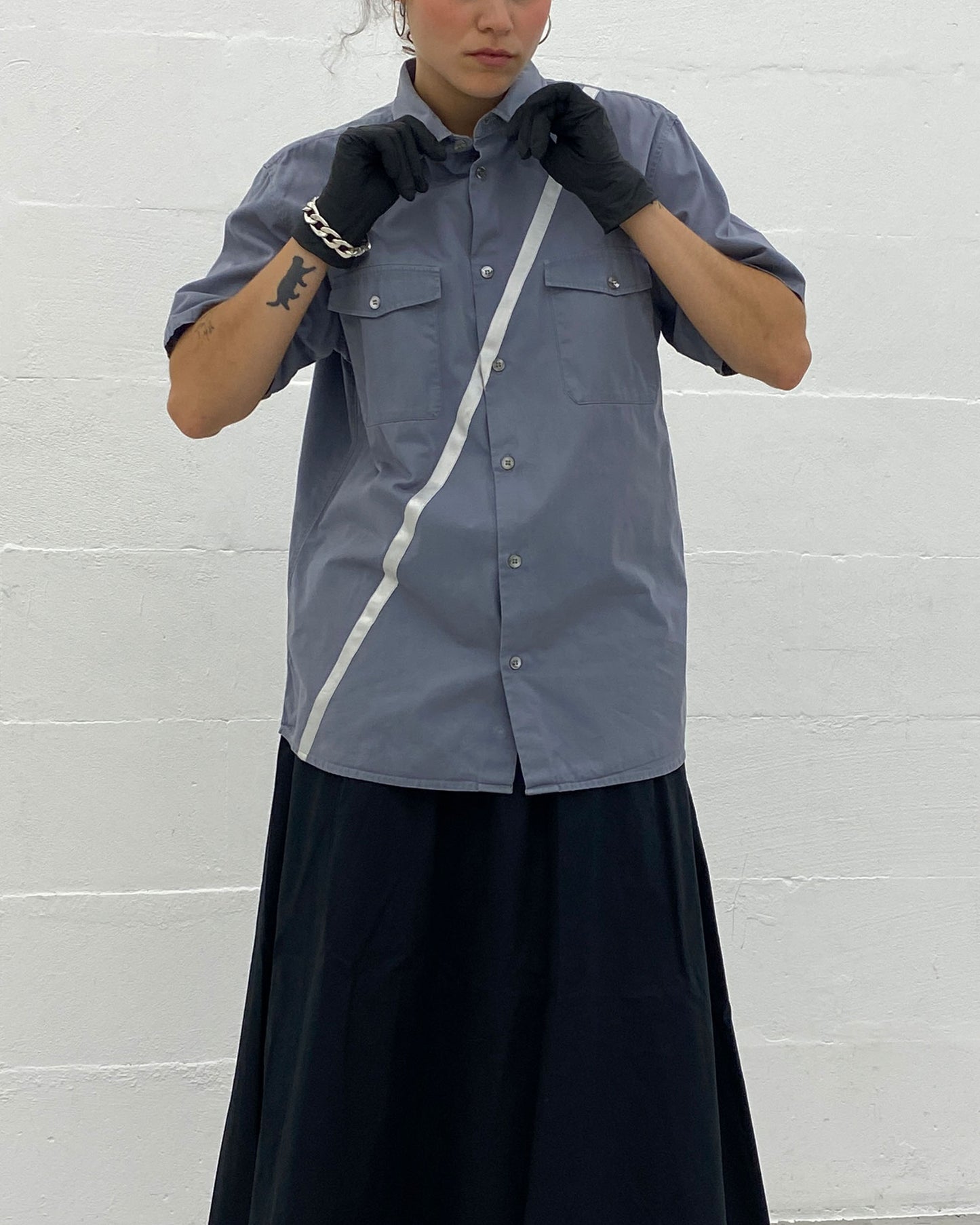 Helmut Lang 1998 Satin Striped Short Sleeve Shirt Grey