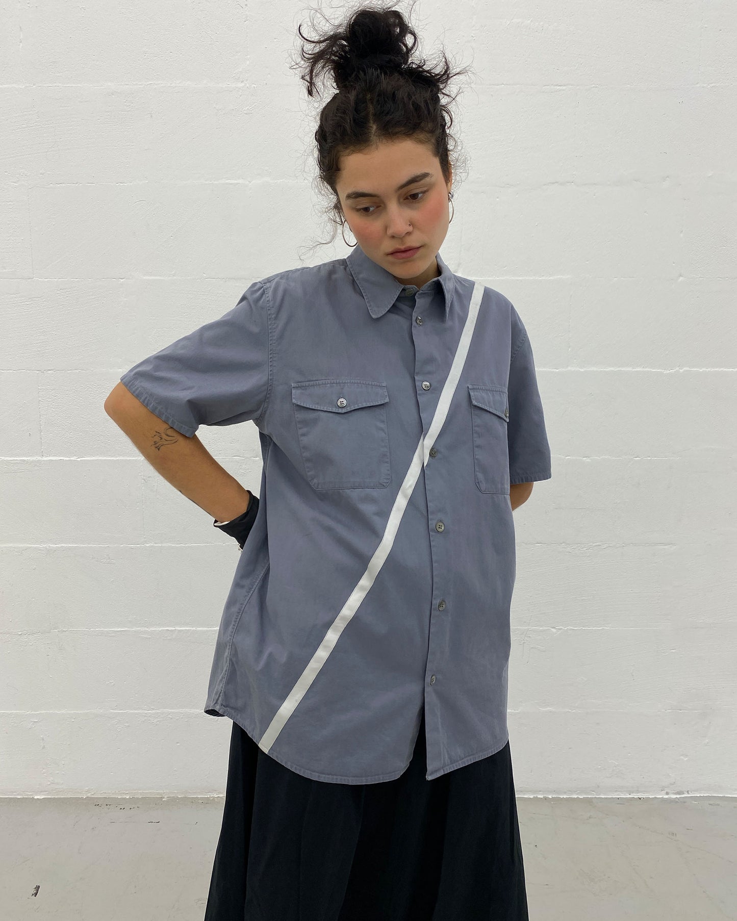 Helmut Lang 1998 Satin Striped Short Sleeve Shirt Grey