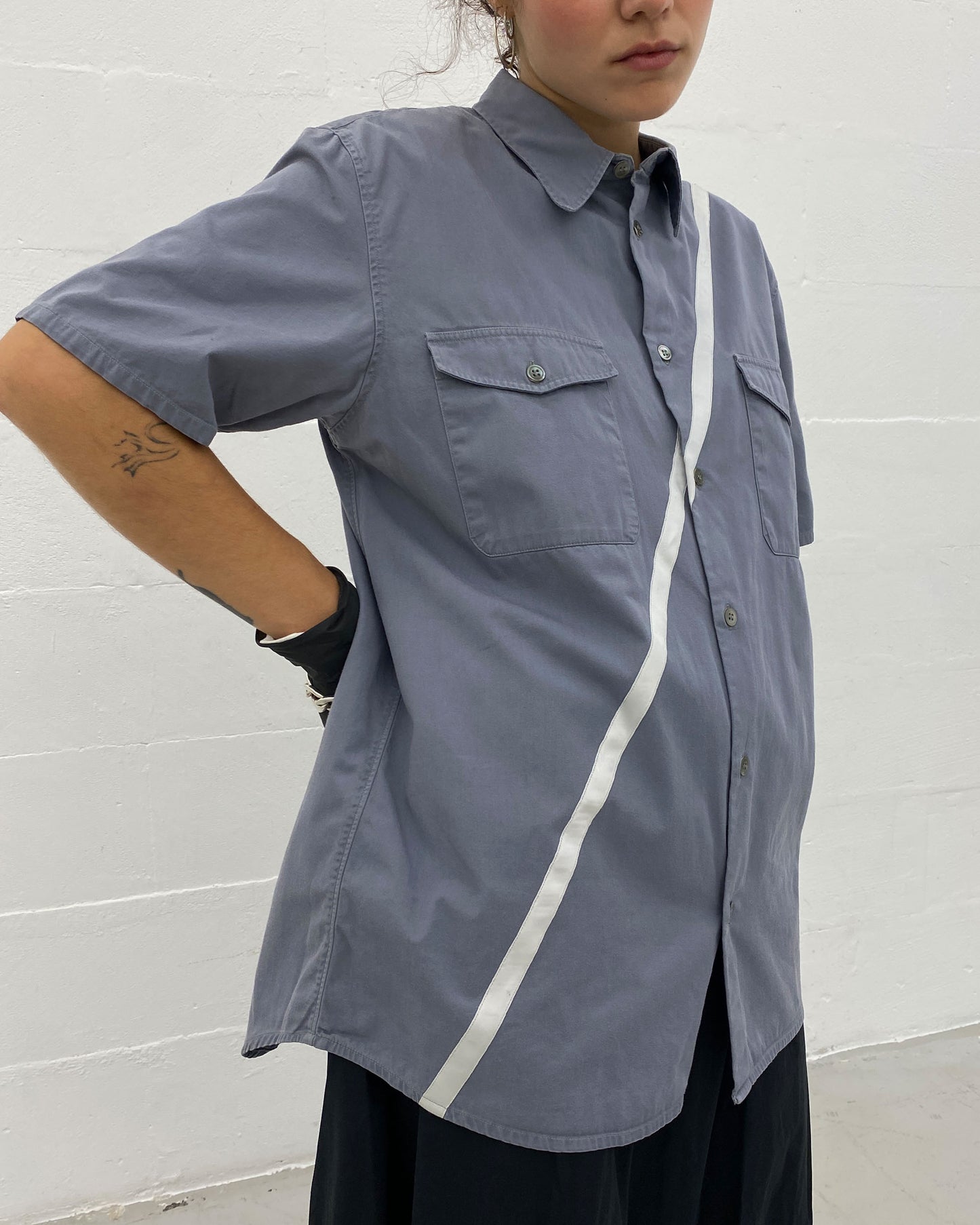 Helmut Lang 1998 Satin Striped Short Sleeve Shirt Grey