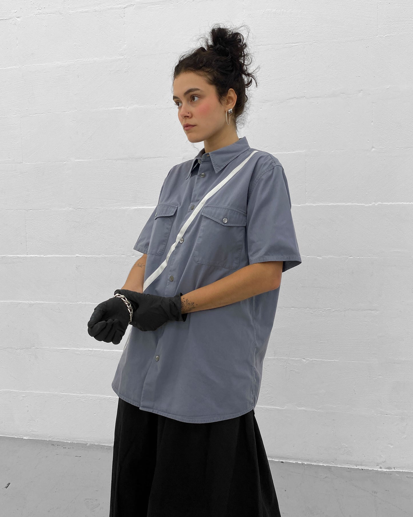 Helmut Lang 1998 Satin Striped Short Sleeve Shirt Grey