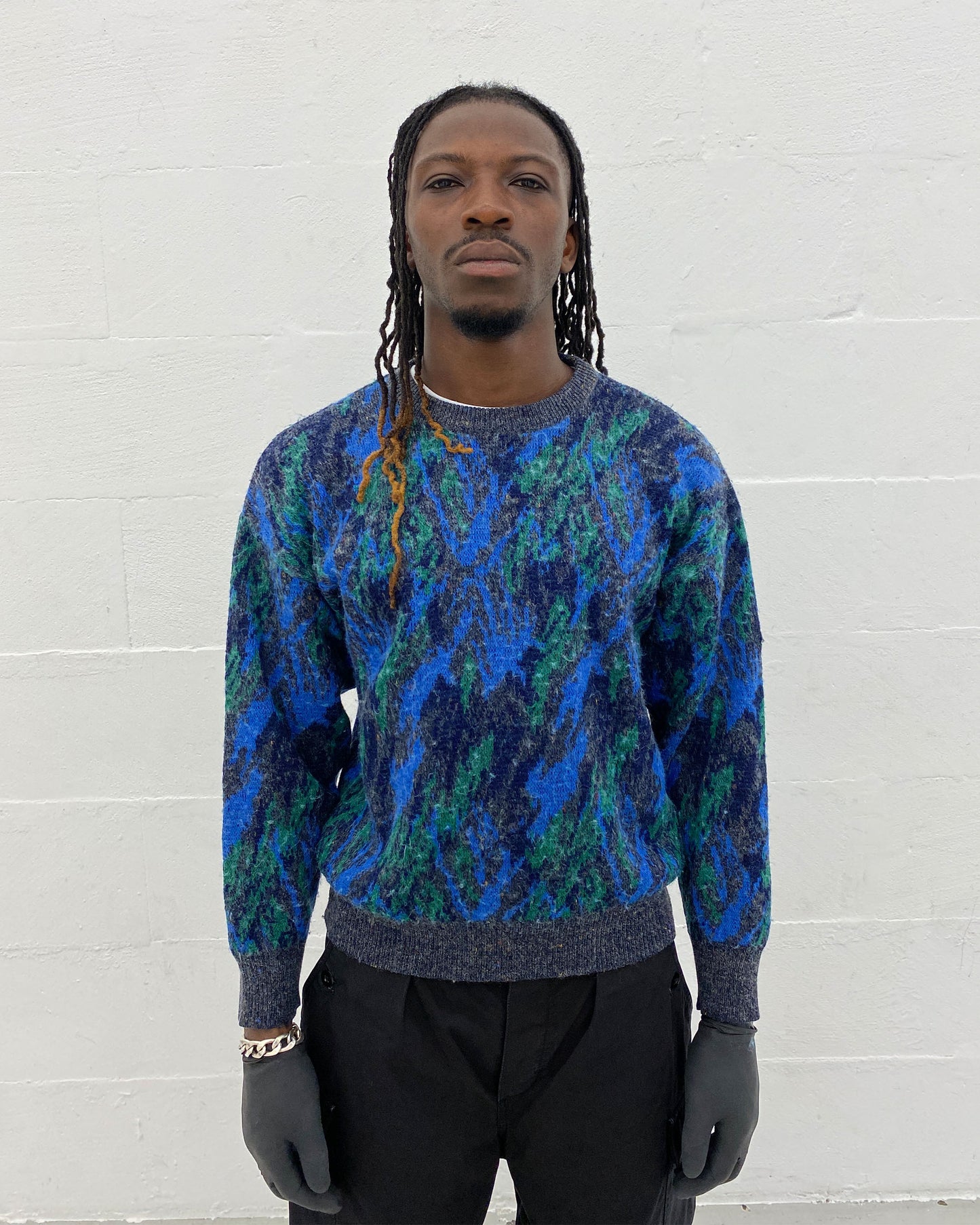Hugo Boss 1980s Abstract Wool Knit Sweater Green Blue