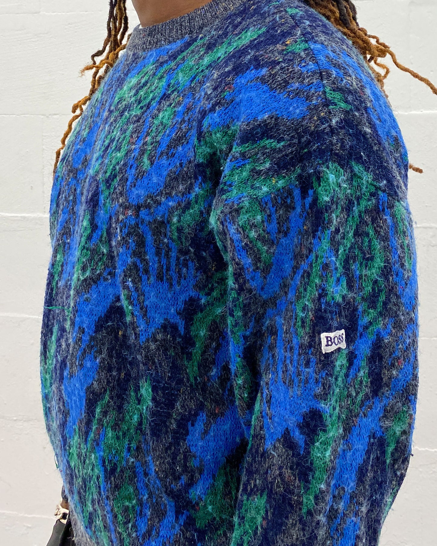 Hugo Boss 1980s Abstract Wool Knit Sweater Green Blue