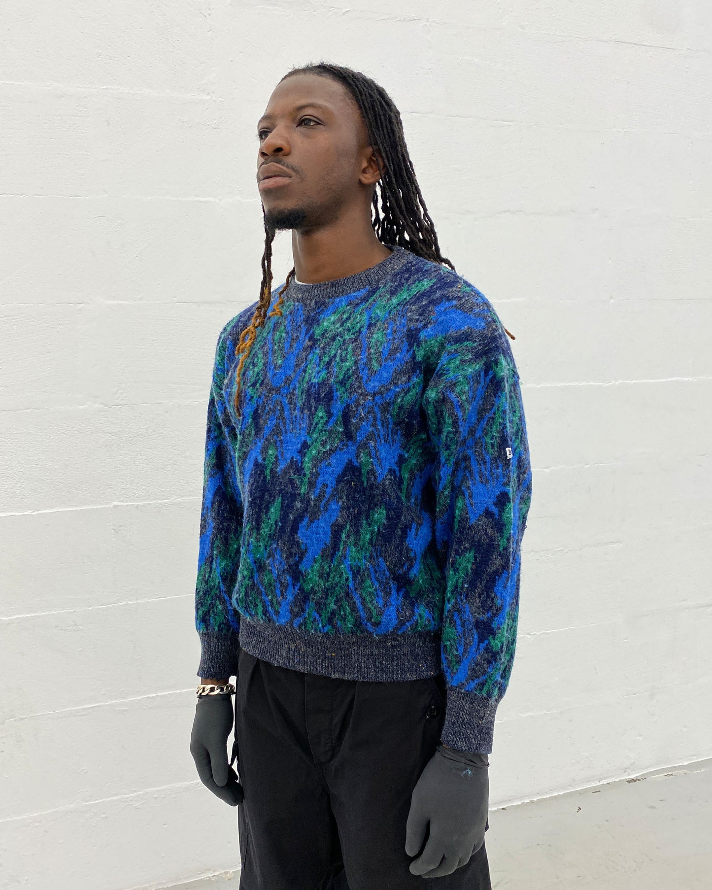 Hugo Boss 1980s Abstract Wool Knit Sweater Green Blue