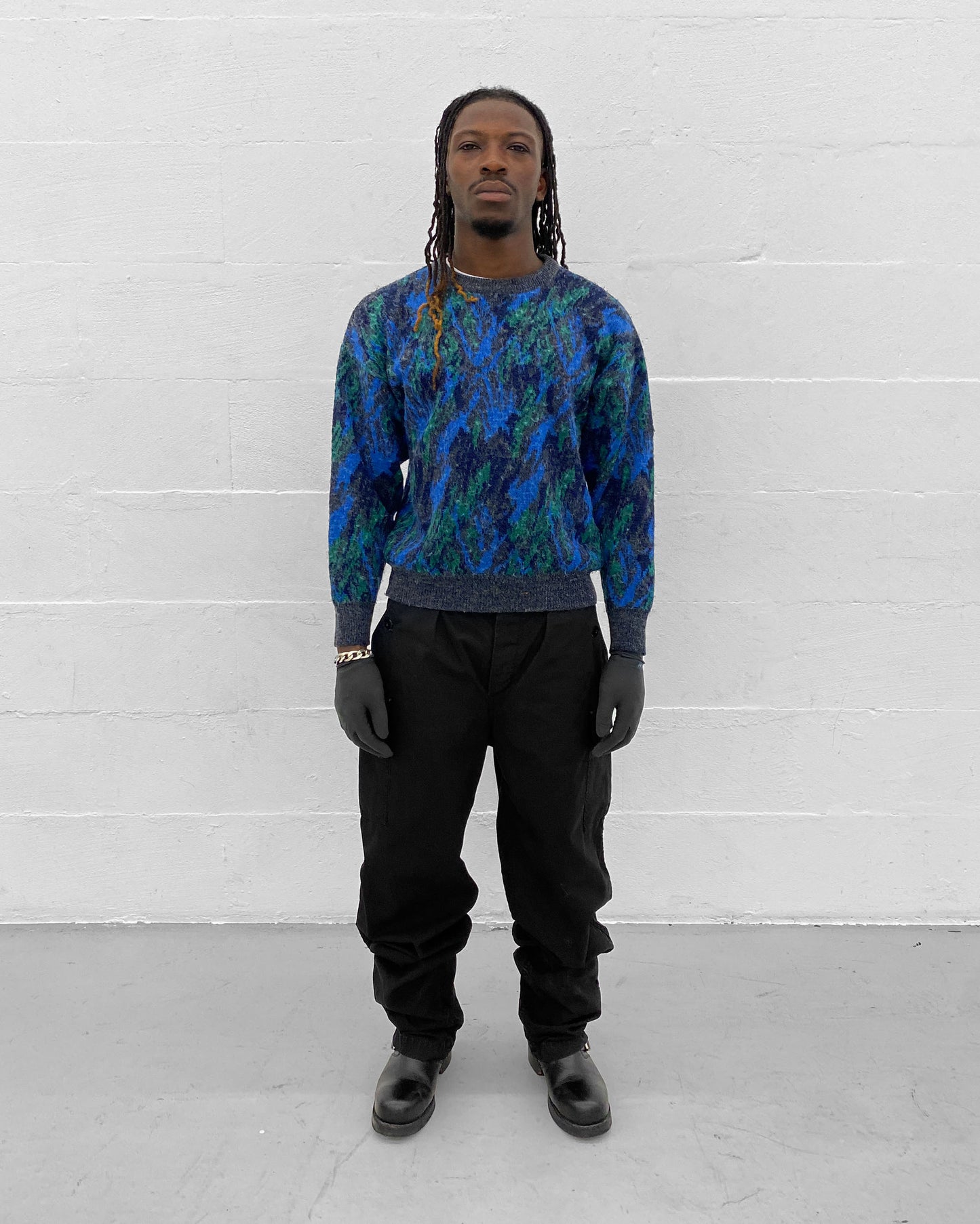 Hugo Boss 1980s Abstract Wool Knit Sweater Green Blue