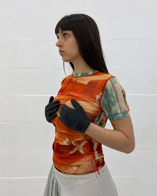 Jean Paul Gaultier Soleil 2000s City Print Mesh Top Orange