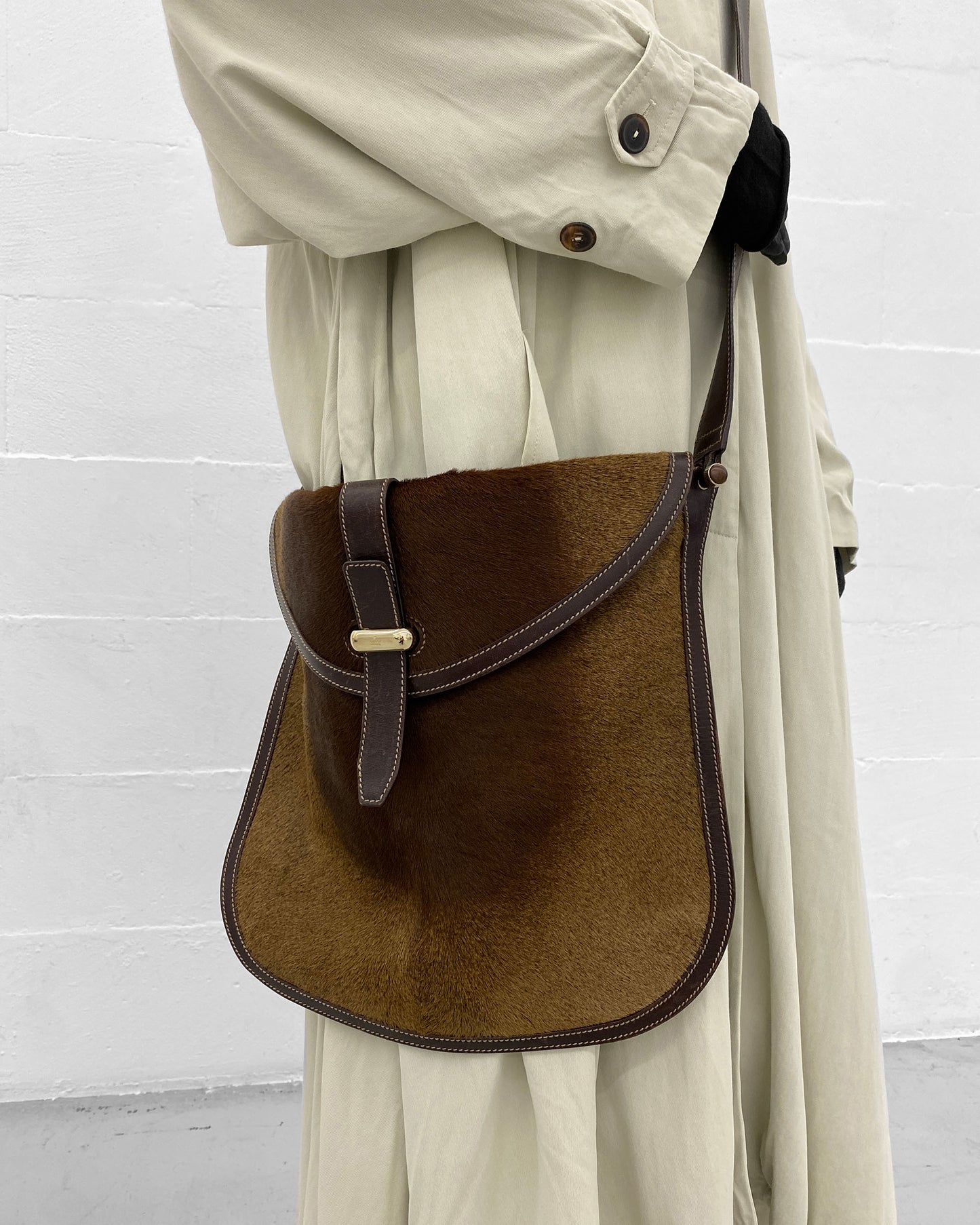 Gucci 2000s Pony Hair Leather Shoulder Messenger Bag Brown