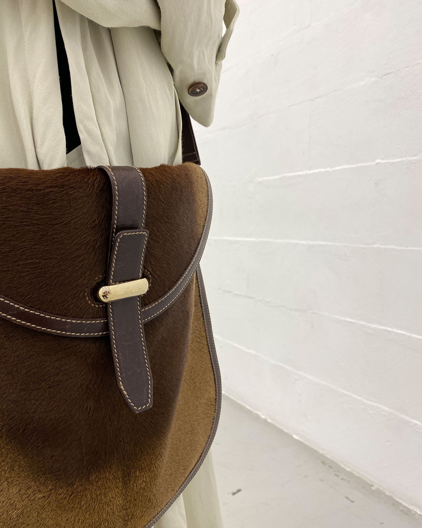 Gucci 2000s Pony Hair Leather Shoulder Messenger Bag Brown