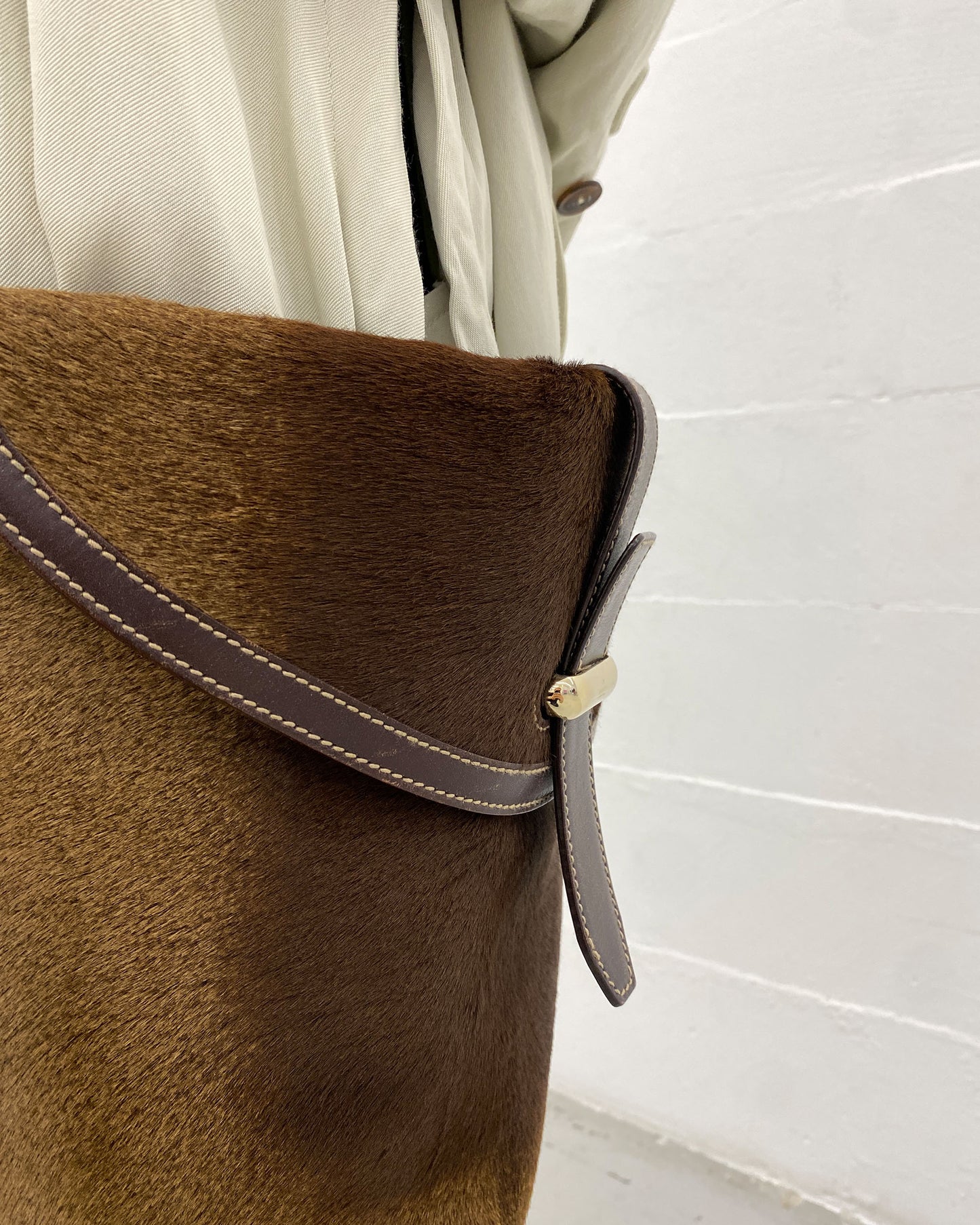 Gucci 2000s Pony Hair Leather Shoulder Messenger Bag Brown