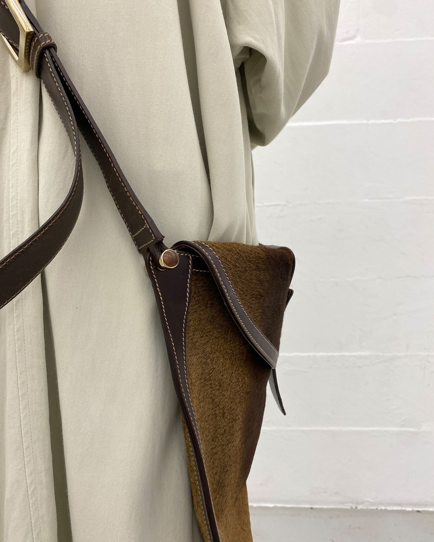 Gucci 2000s Pony Hair Leather Shoulder Messenger Bag Brown