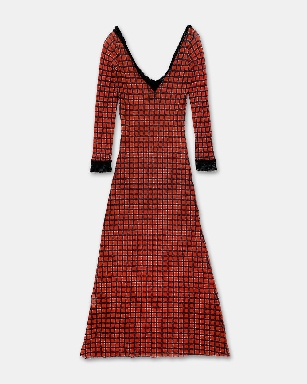 Jean Paul Gaultier Maille Classique 1990s Checkered Pattern Mesh Longsleeve Dress Red Black