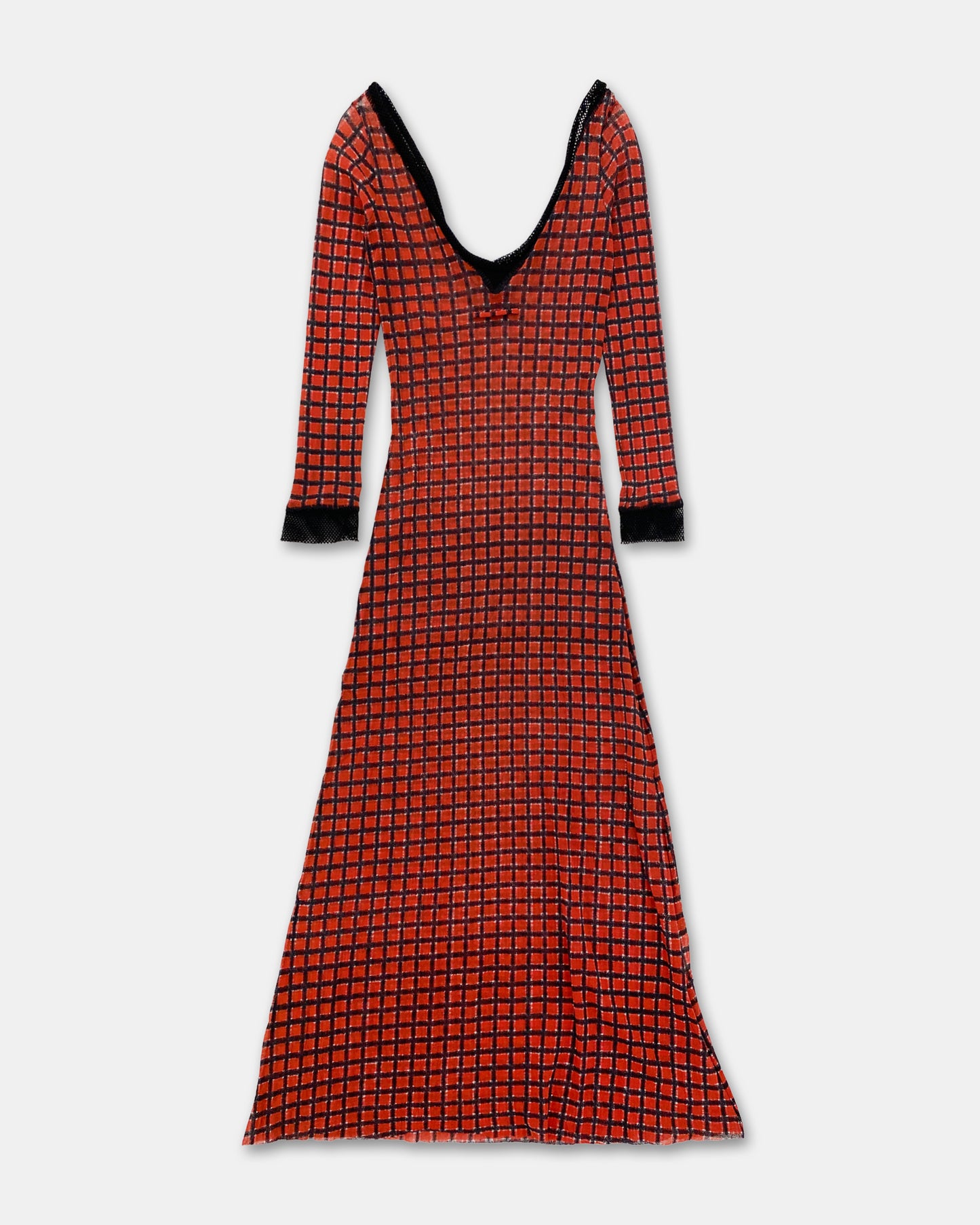 Jean Paul Gaultier Maille Classique 1990s Checkered Pattern Mesh Longsleeve Dress Red Black