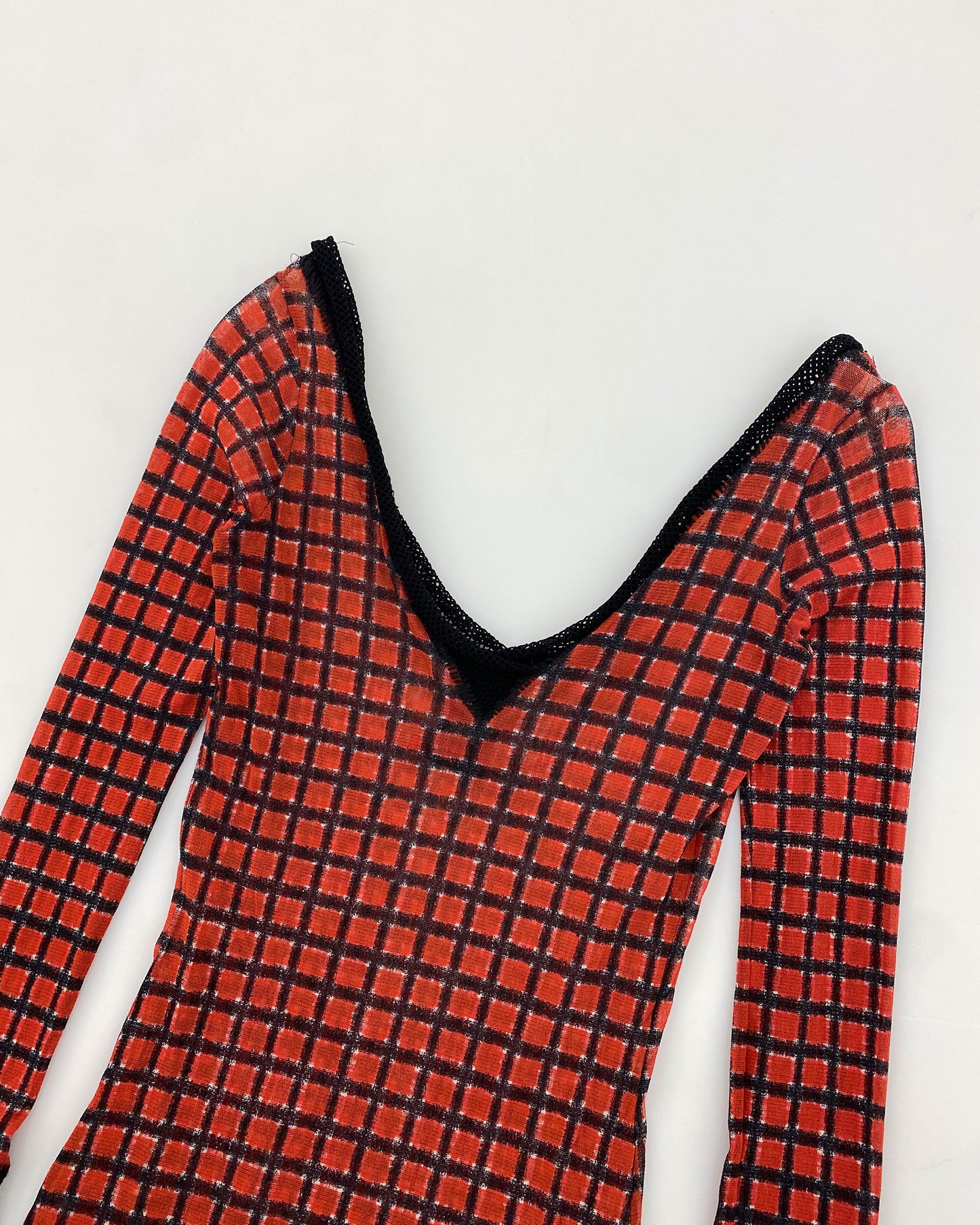 Jean Paul Gaultier Maille Classique 1990s Checkered Pattern Mesh Longsleeve Dress Red Black