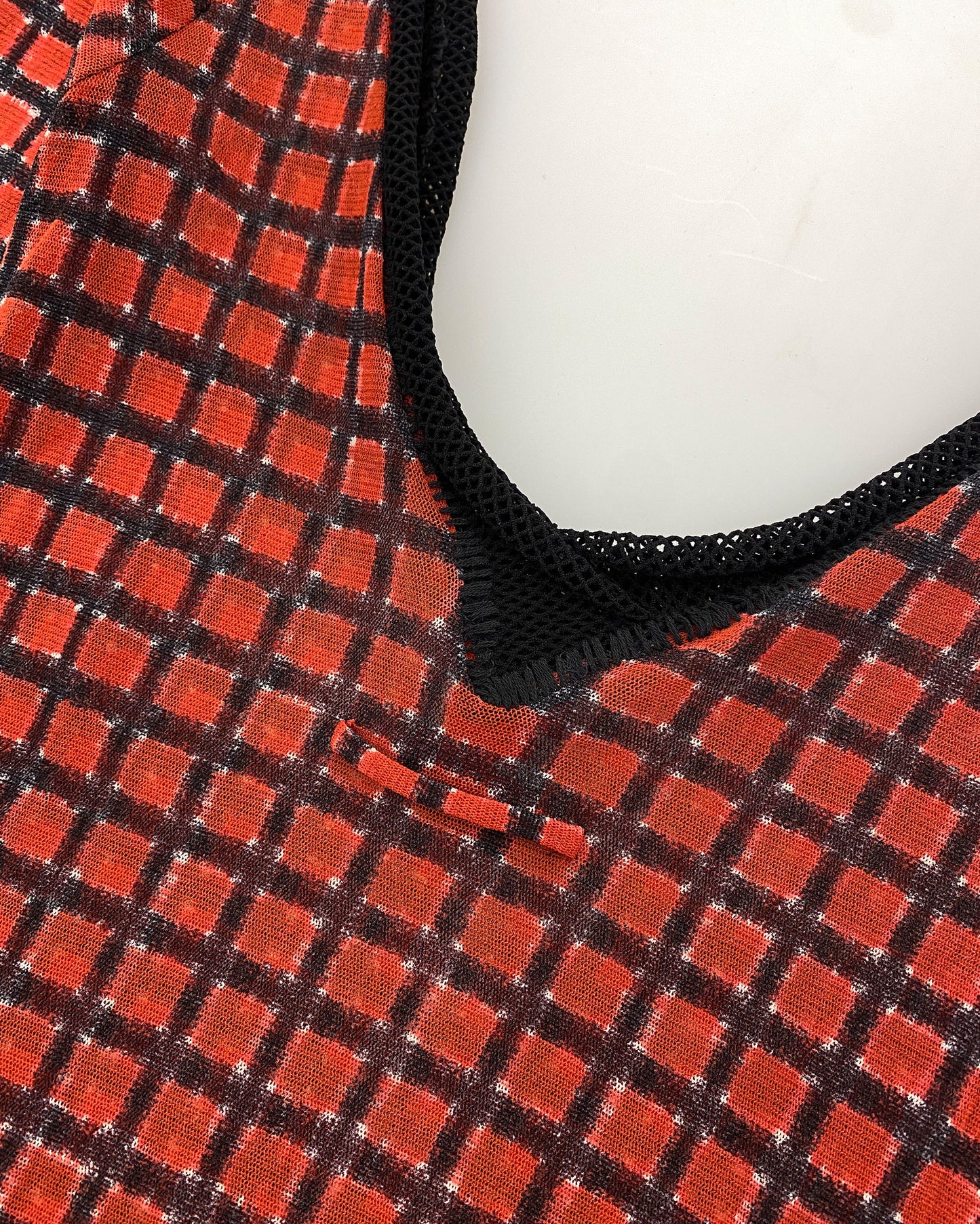 Jean Paul Gaultier Maille Classique 1990s Checkered Pattern Mesh Longsleeve Dress Red Black