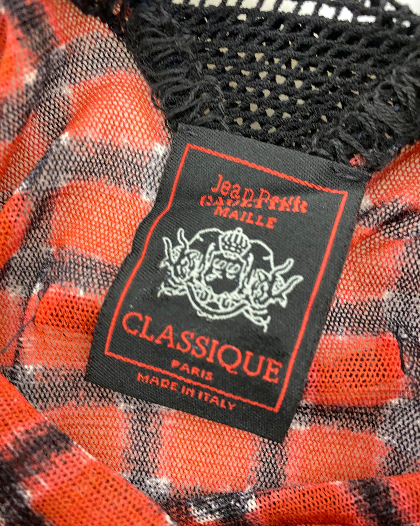 Jean Paul Gaultier Maille Classique 1990er Jahre Muster Mesh Langarmkleid Rot Schwarz 