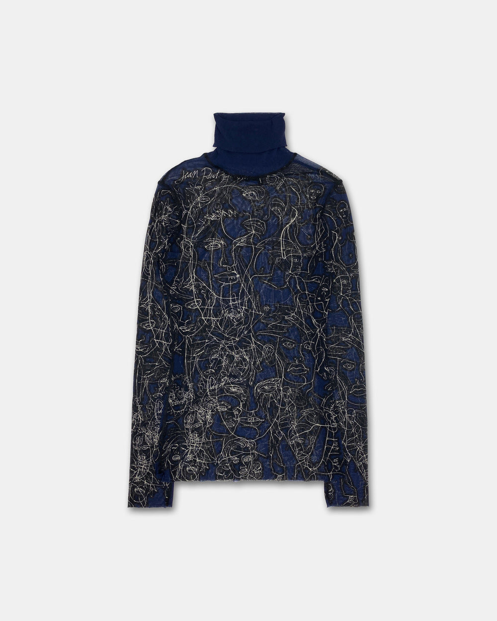Jean Paul Gaultier Maille 1990s Scribble Faces Turtle Neck Mesh Longsleeve Top Black Navy
